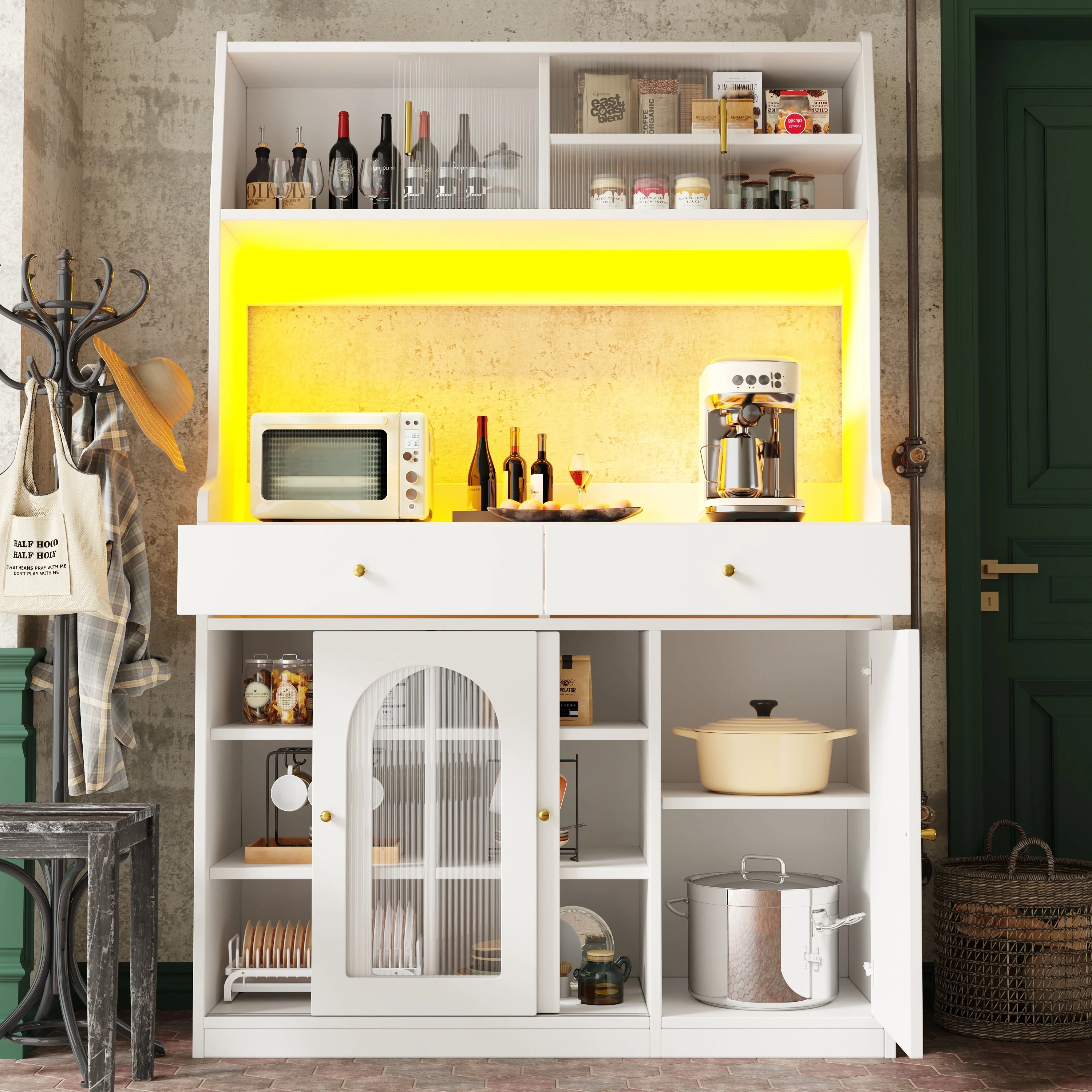 Tall Kitchen Cabinet Buffet Sideboard, Display Storage Adjustable Shelves 2 Drawers LED Lighting - White - Image 3