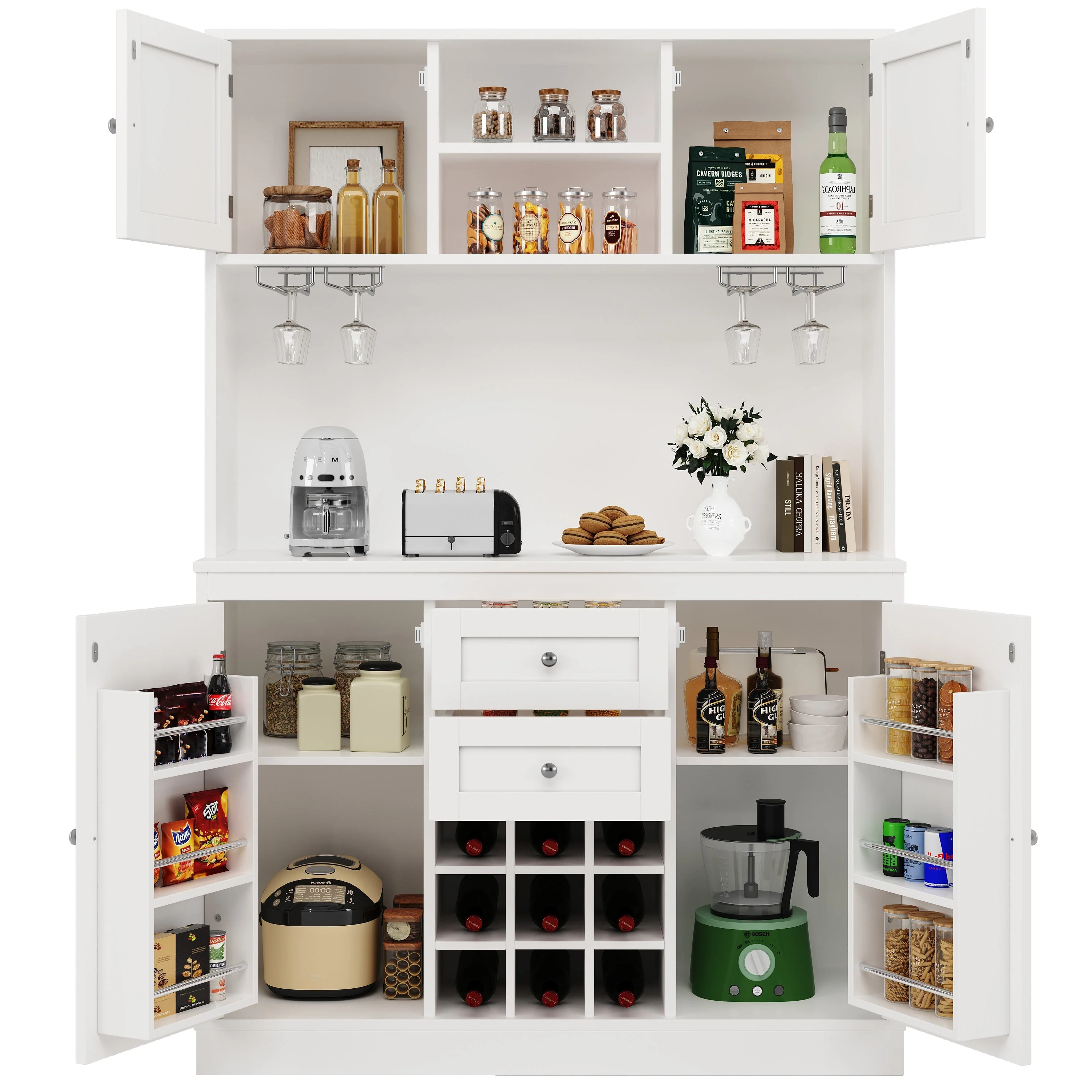 Tall Kitchen Cabinet Buffet Wine Rack Adjustable Shelves 4 Doors 2 Drawers - White - Image 4