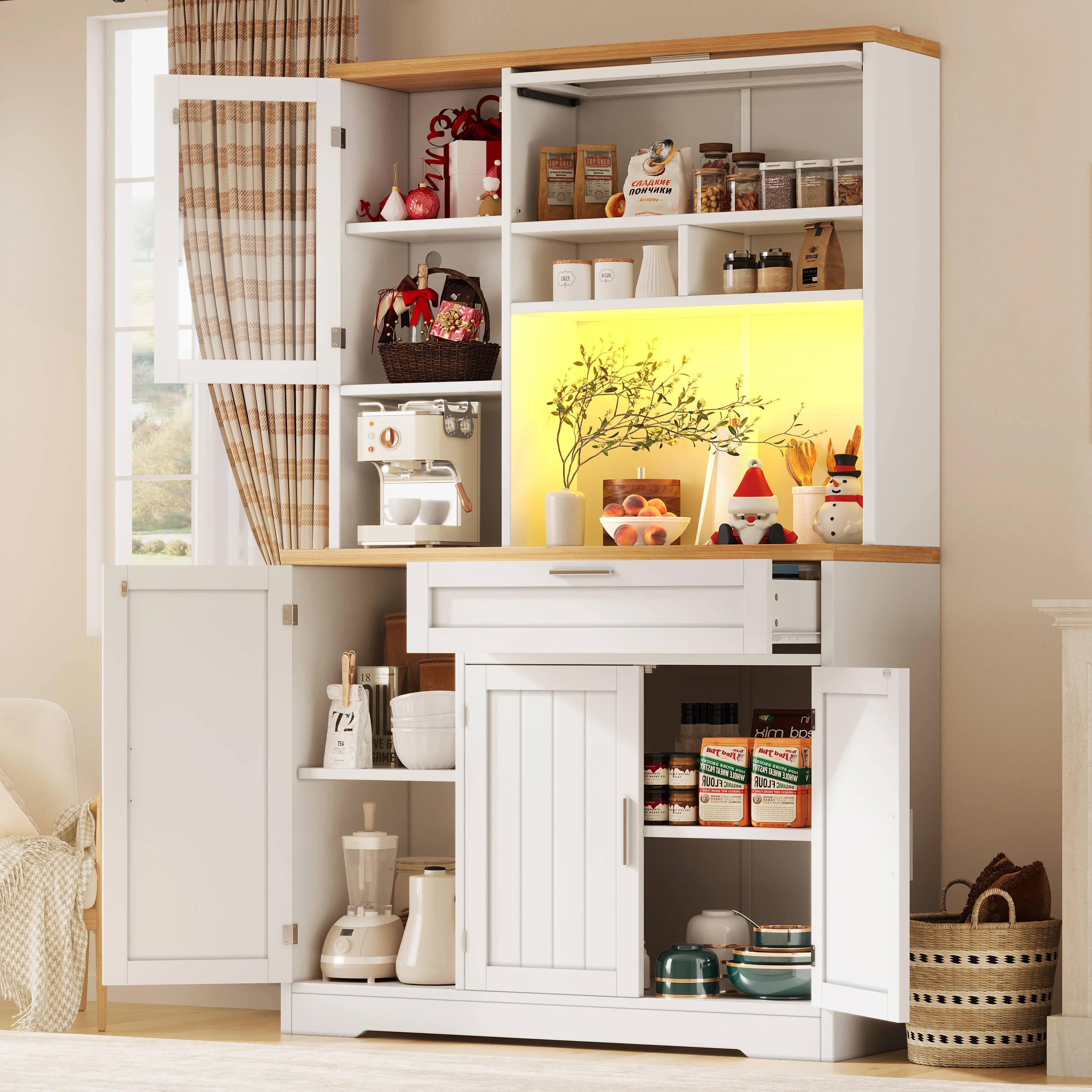 Tall Kitchen Cabinet Display Case with LED Lighting and Glass Doors, White and Black