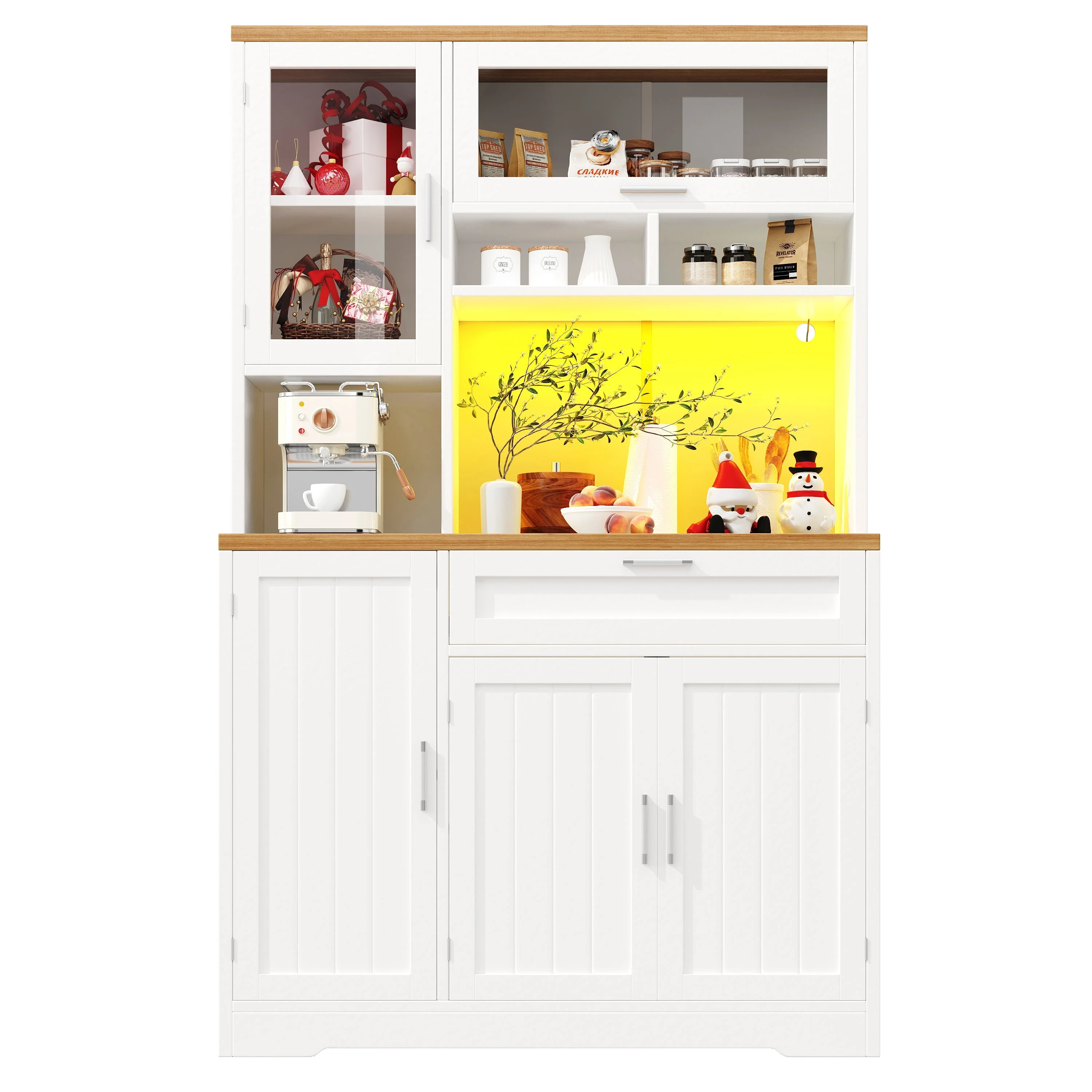 Tall Kitchen Cabinet Display Case with LED Lighting and Glass Doors, White and Black - Image 8