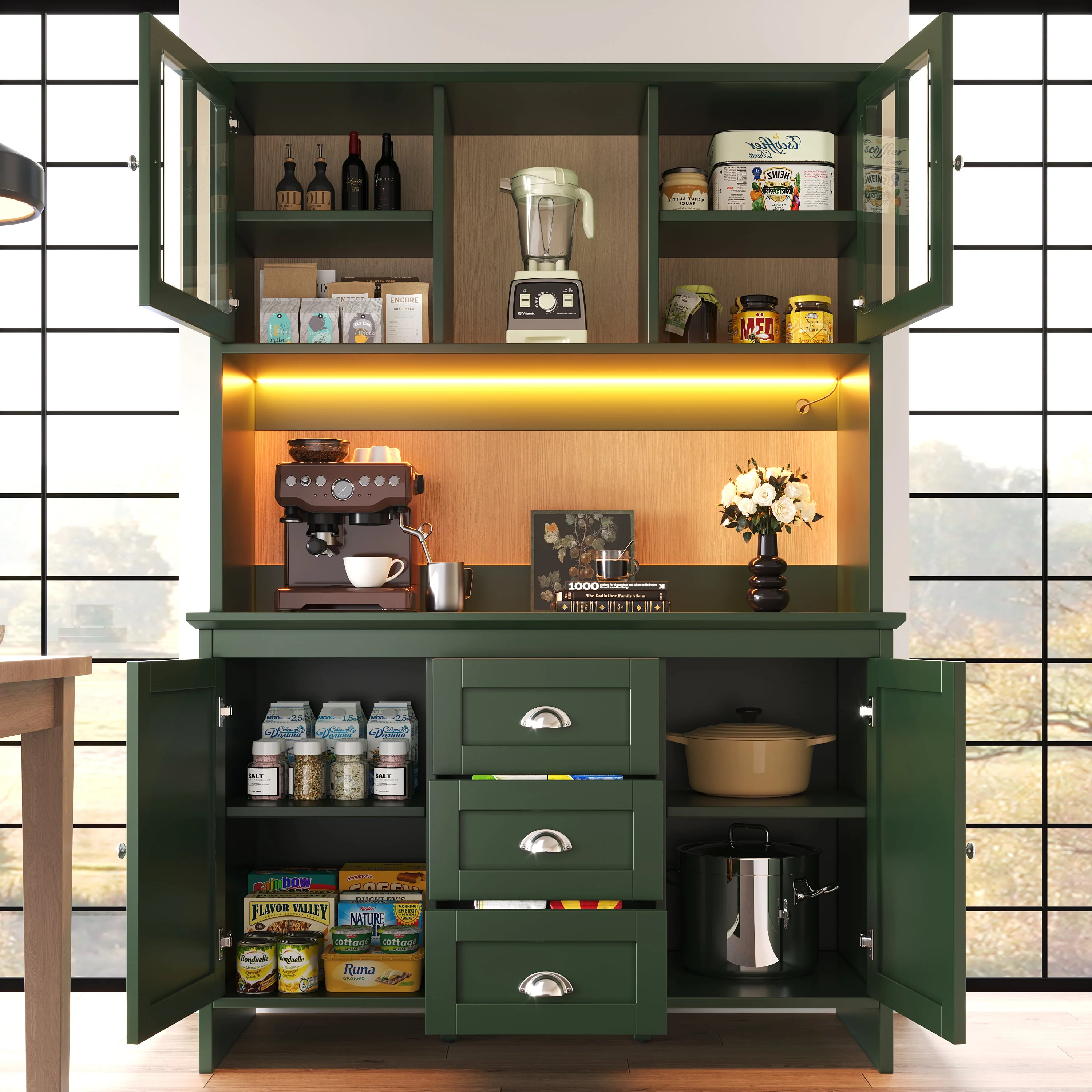 Tall Kitchen Cabinet Sideboard with Brown Glass Doors and LED Lighting, Green - Image 3