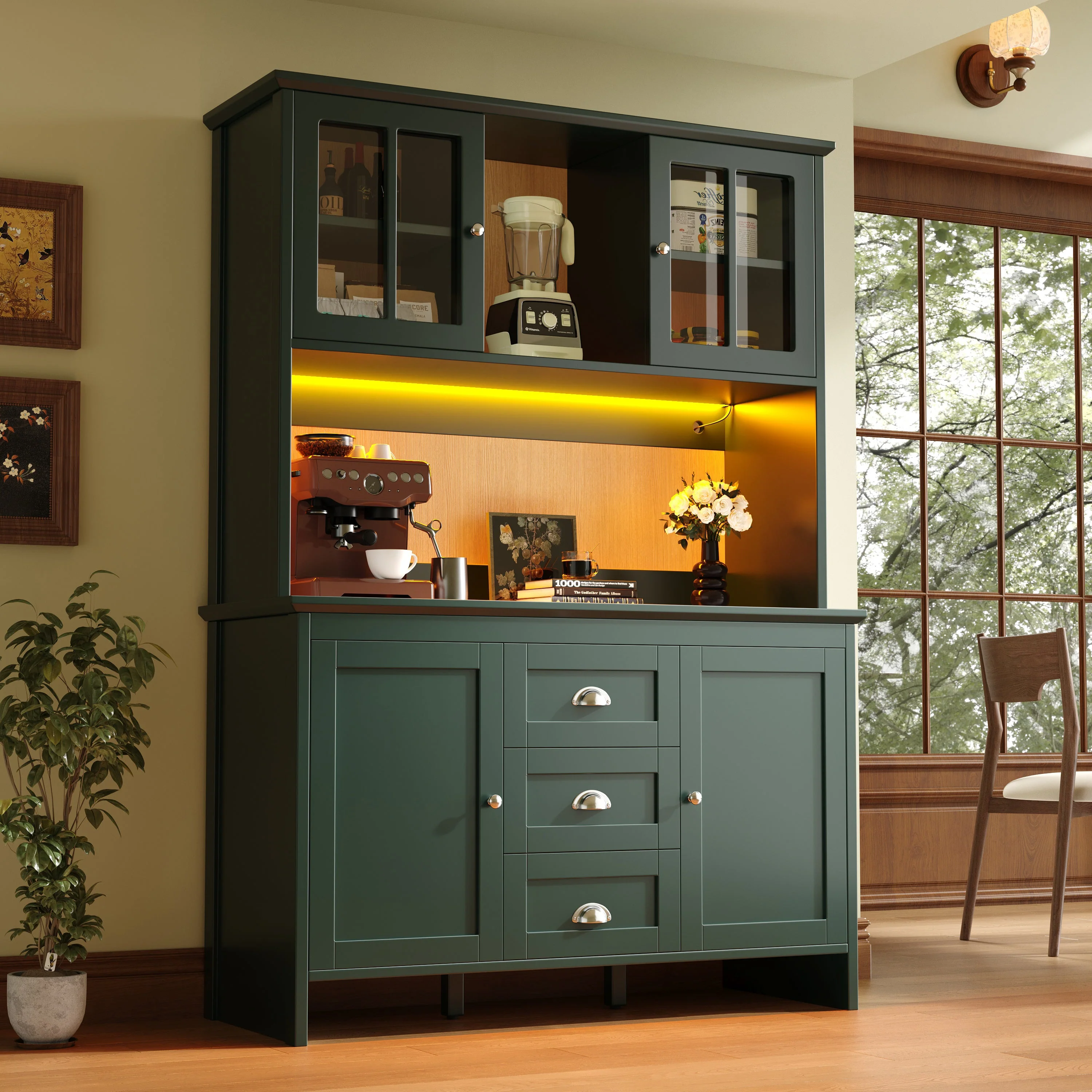 Tall Kitchen Cabinet Sideboard with Brown Glass Doors and LED Lighting, Green - Image 5