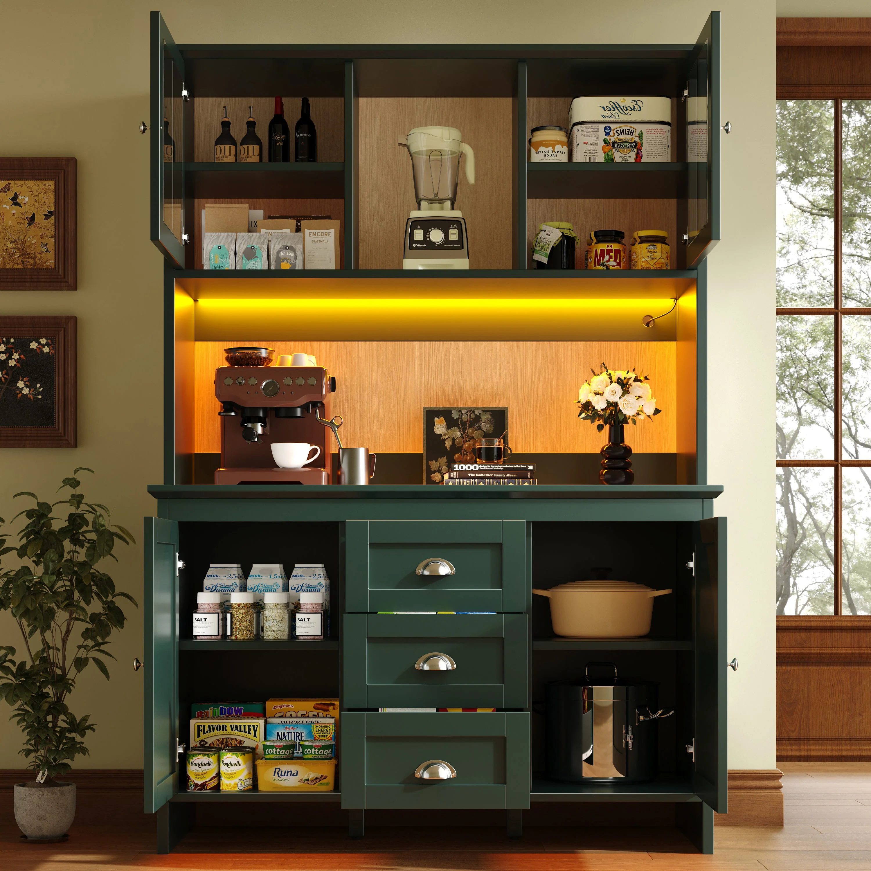 Tall Kitchen Cabinet Sideboard with Brown Glass Doors and LED Lighting, Green - Image 6