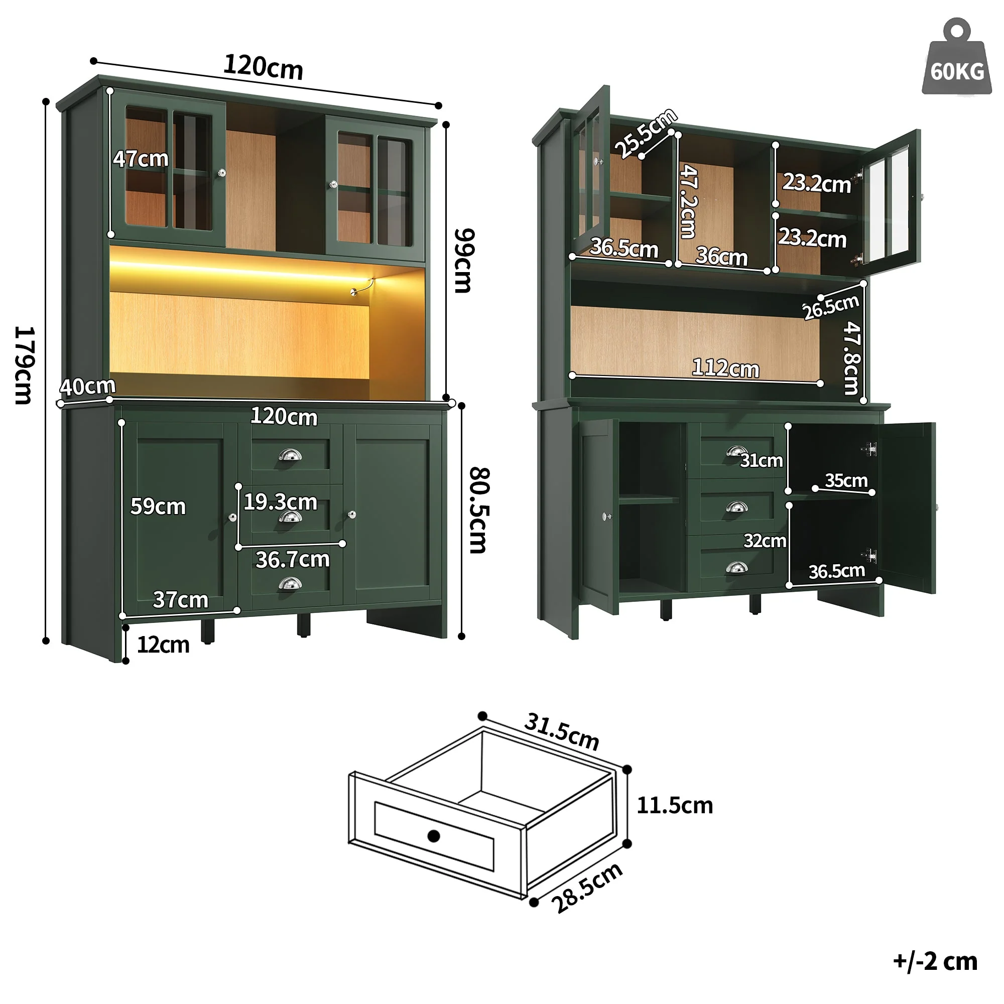 Tall Kitchen Cabinet Sideboard with Brown Glass Doors and LED Lighting, Green - Image 8