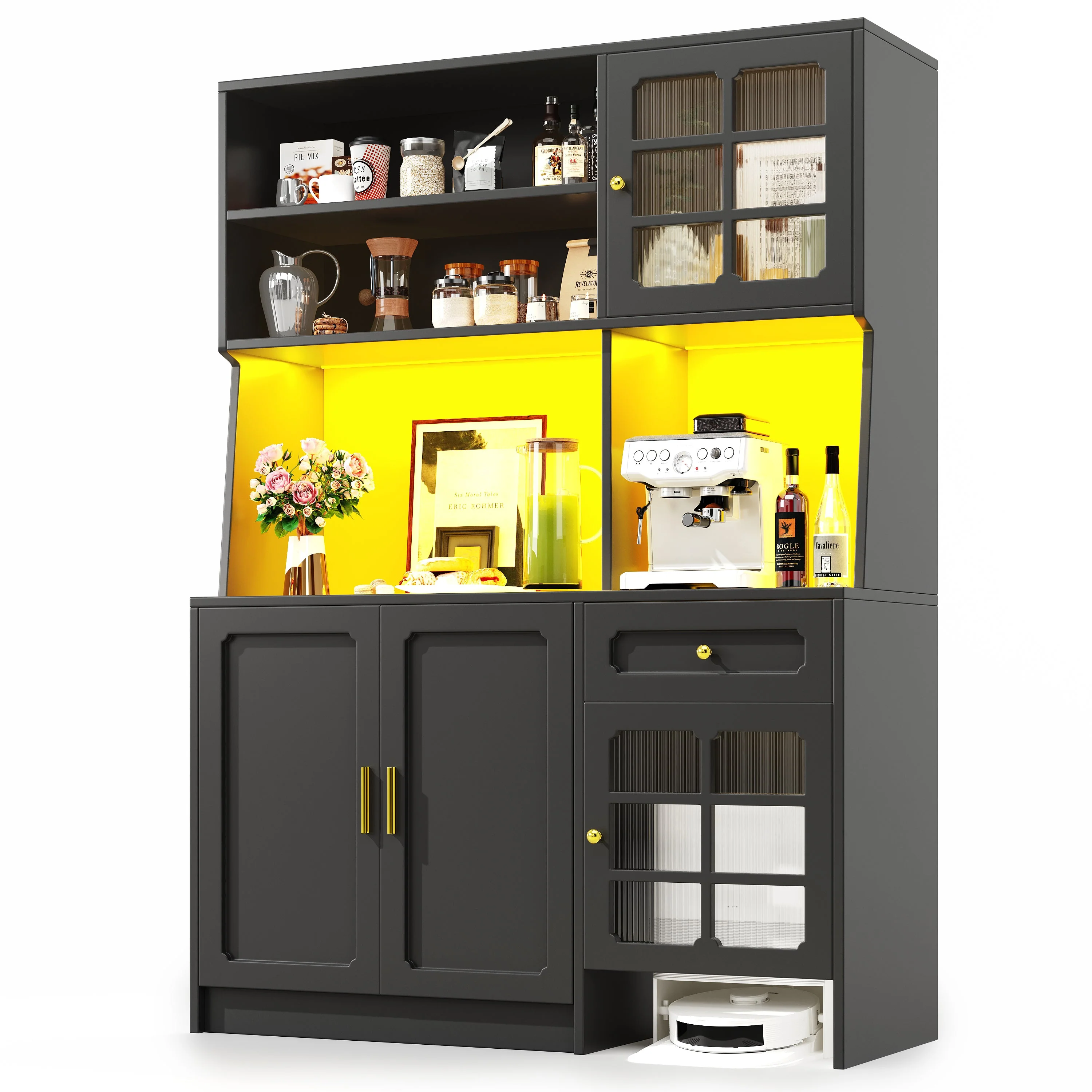 Tall Kitchen Cabinet Sideboard with Glass Doors and LED Lighting, Black - Image 10