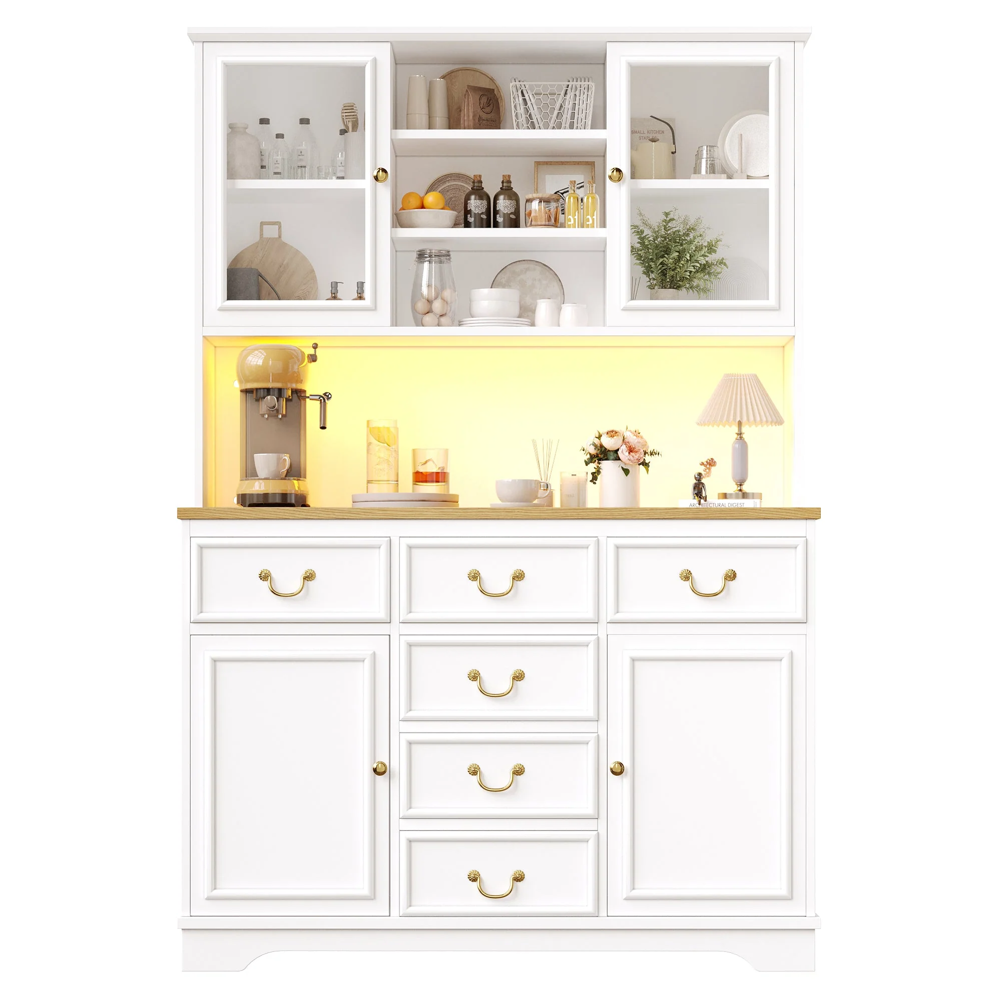 Tall Kitchen Cabinet Sideboard with USB Ports, Sockets and LED Lighting, White - Image 10