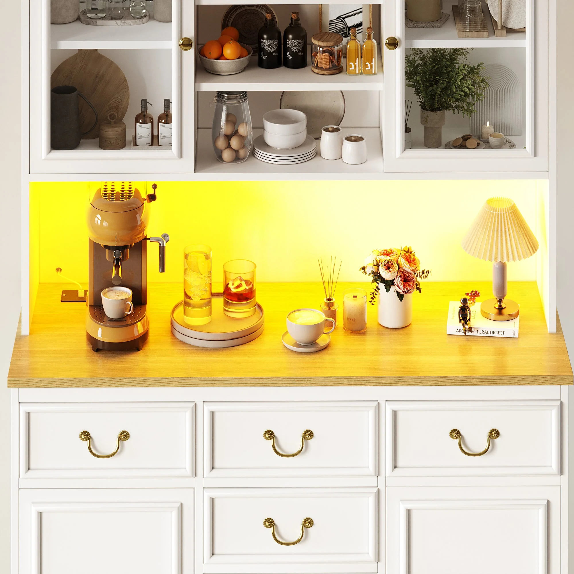 Tall Kitchen Cabinet Sideboard with USB Ports, Sockets and LED Lighting, White - Image 5
