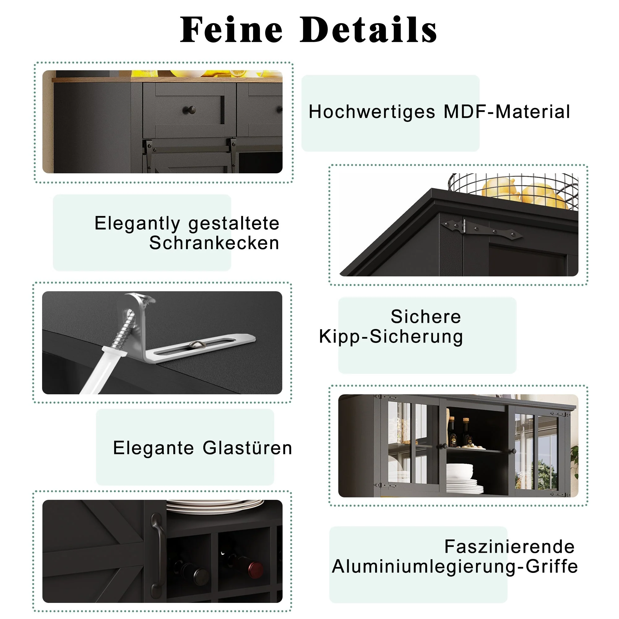 Tall Kitchen Cabinet with LED Lighting and Adjustable Shelves, Black - Image 3