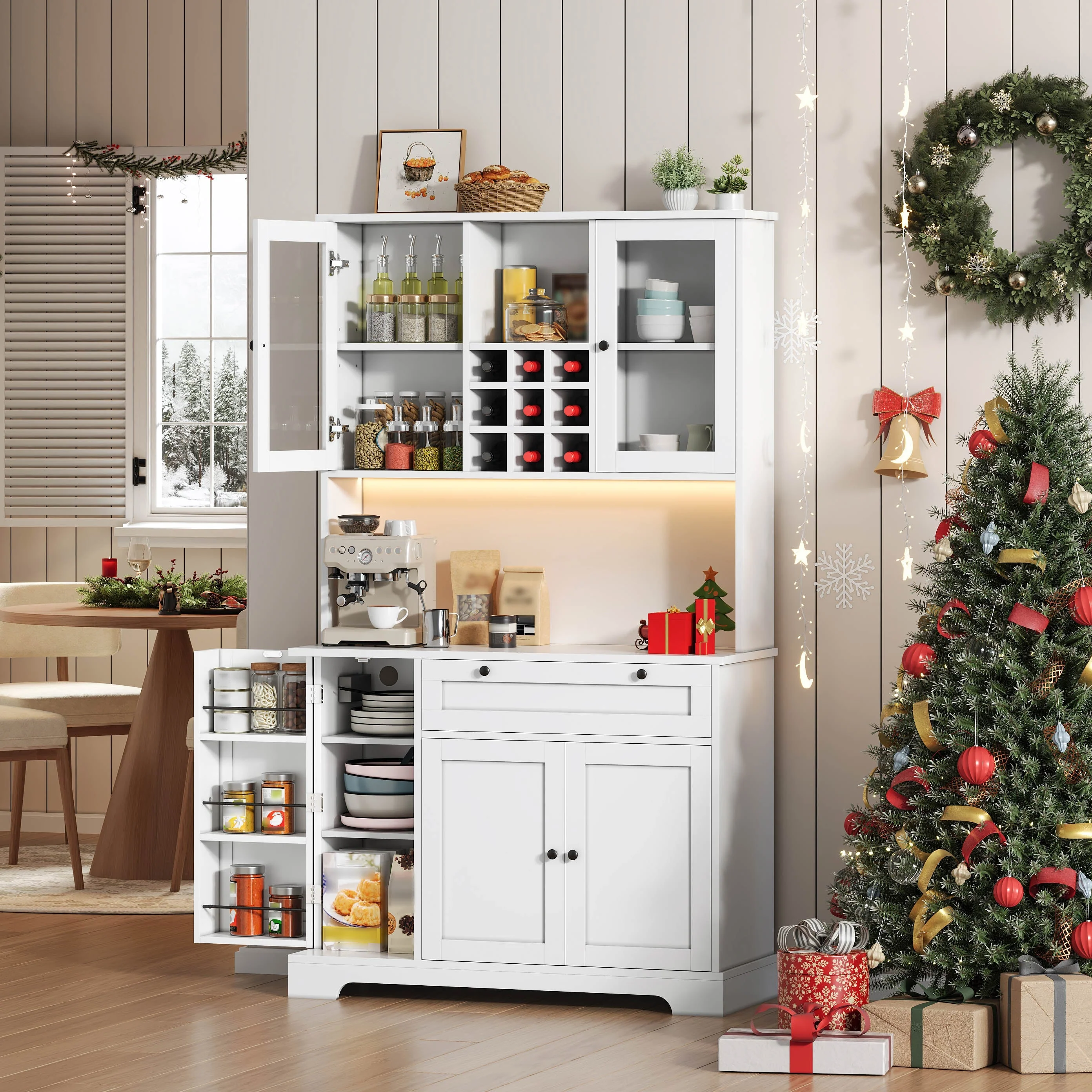 Tall Kitchen Cabinet with LED Lighting, Power Outlet and Spice Rack, White and Wood Look - Image 10