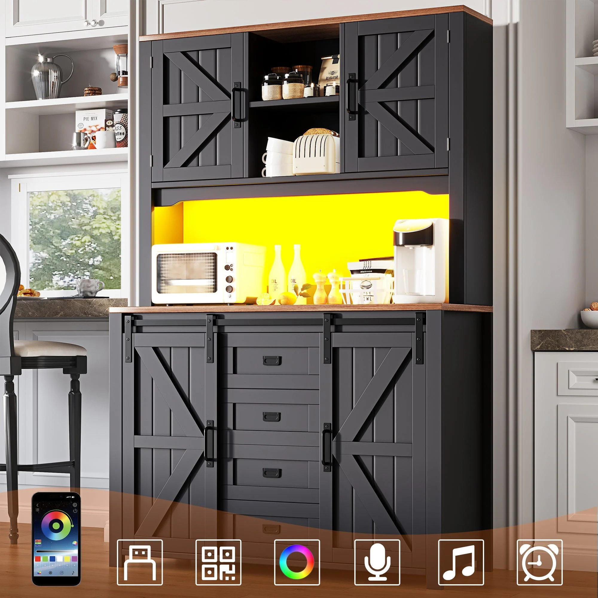 Tall Kitchen Sideboard 115x40x175cm Sliding Doors LED - Black/White - Image 3