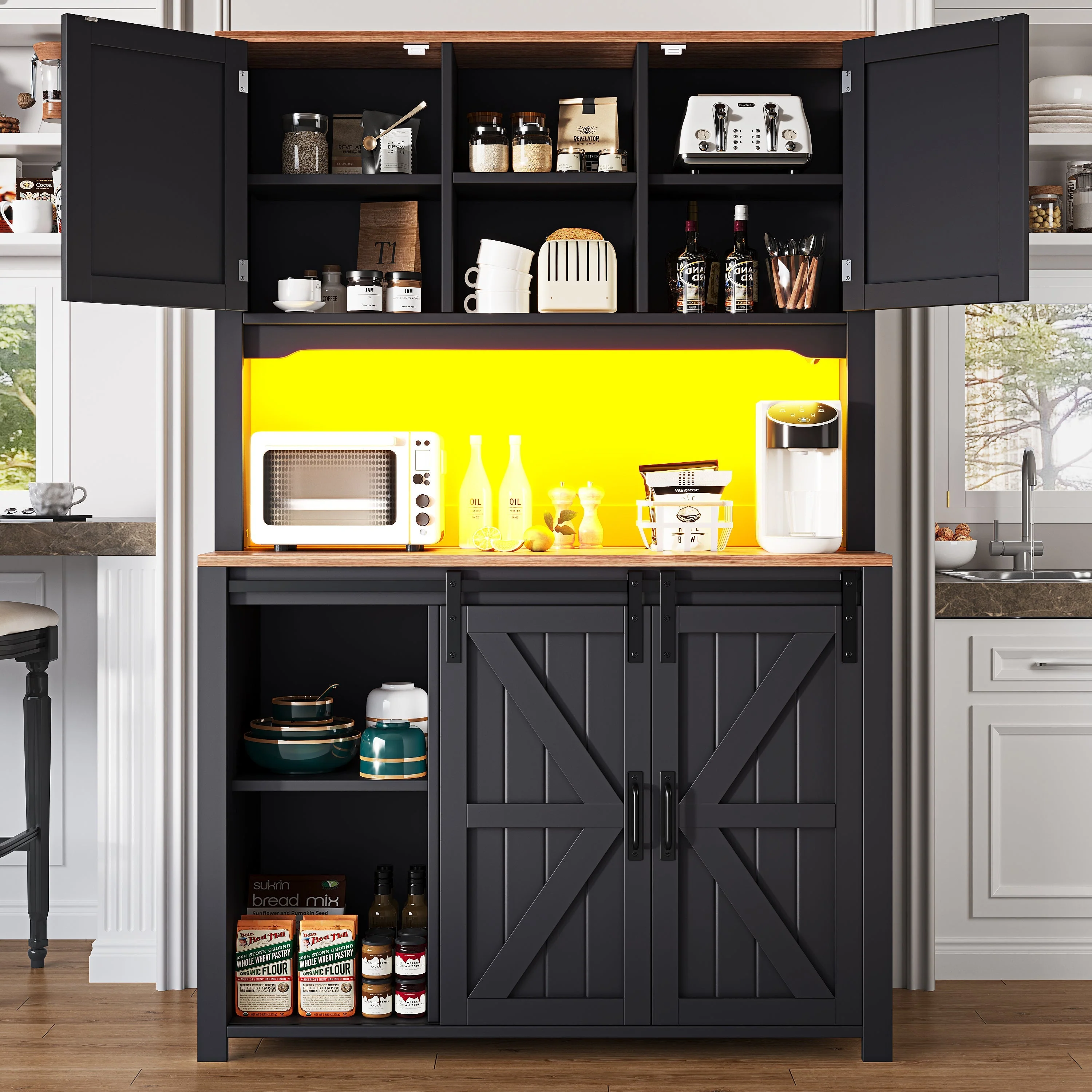 Tall Kitchen Sideboard 115x40x175cm Sliding Doors LED - Black/White - Image 4