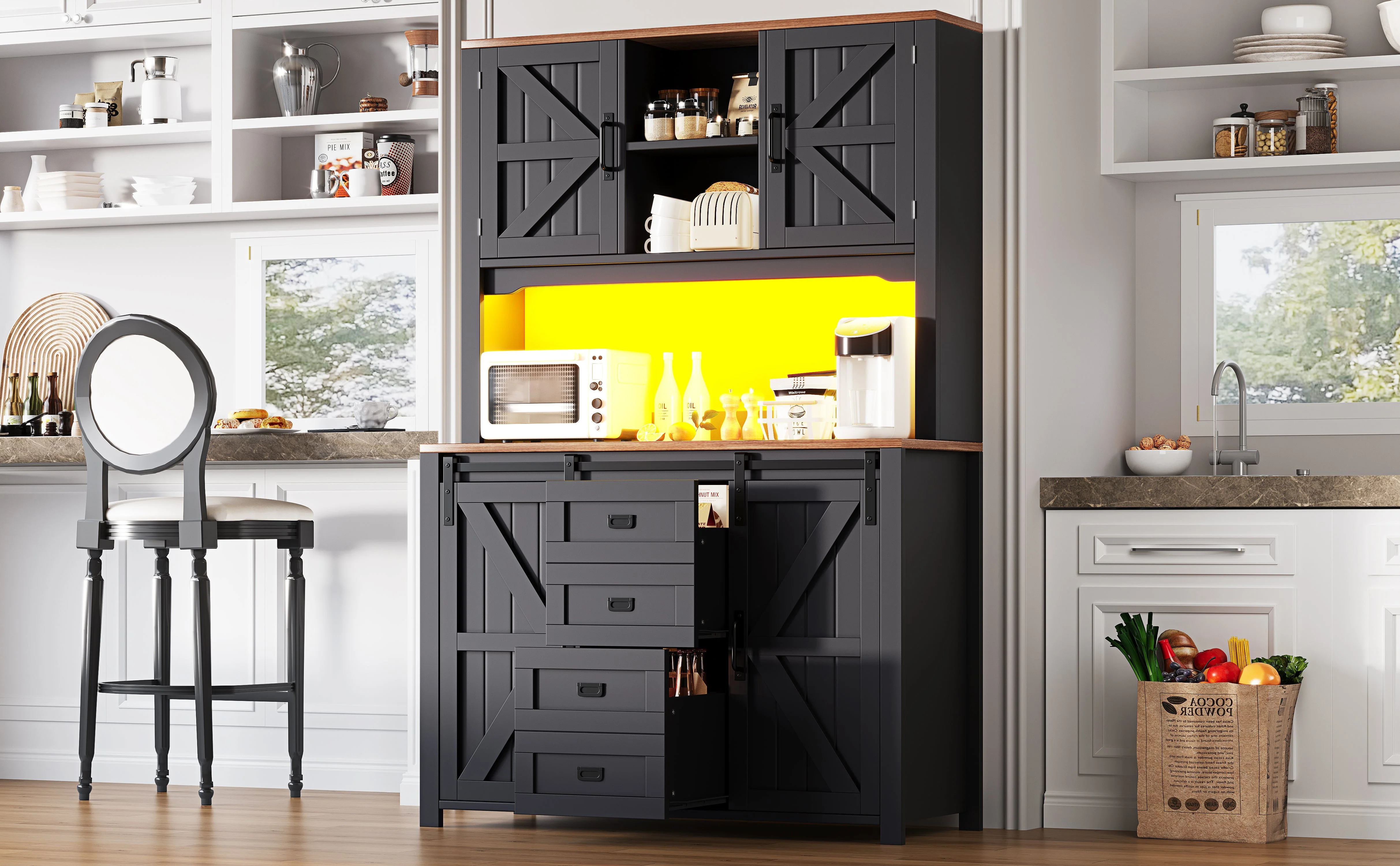 Tall Kitchen Sideboard 115x40x175cm Sliding Doors LED - Black/White - Image 5