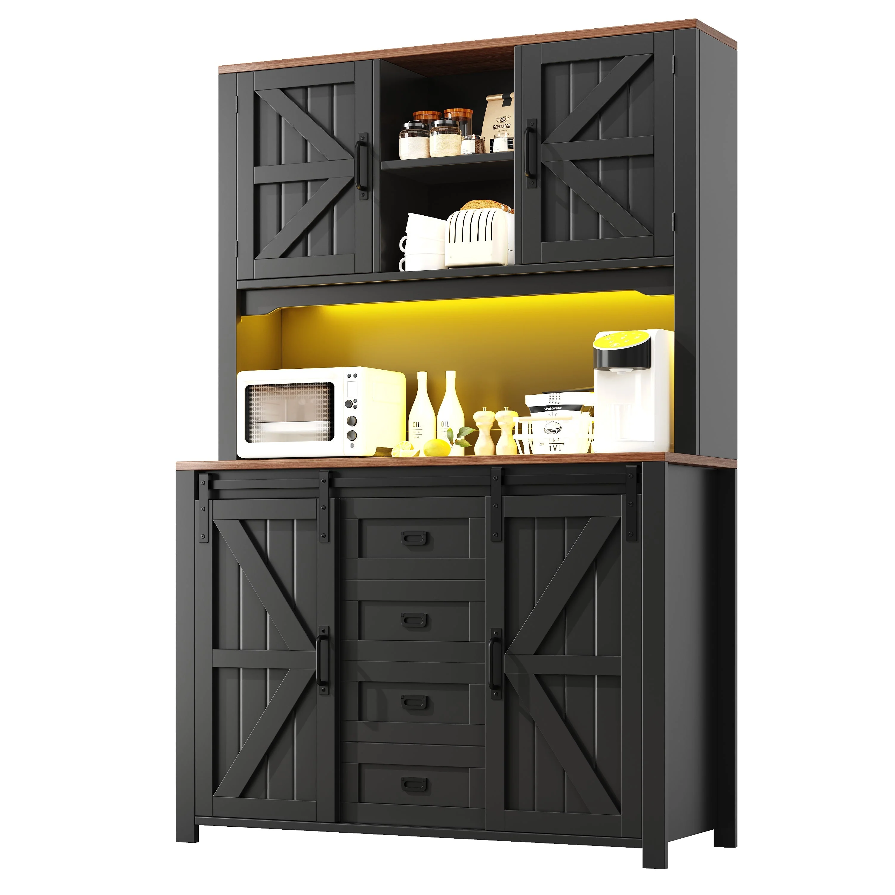 Tall Kitchen Sideboard 115x40x175cm Sliding Doors LED - Black/White - Image 7