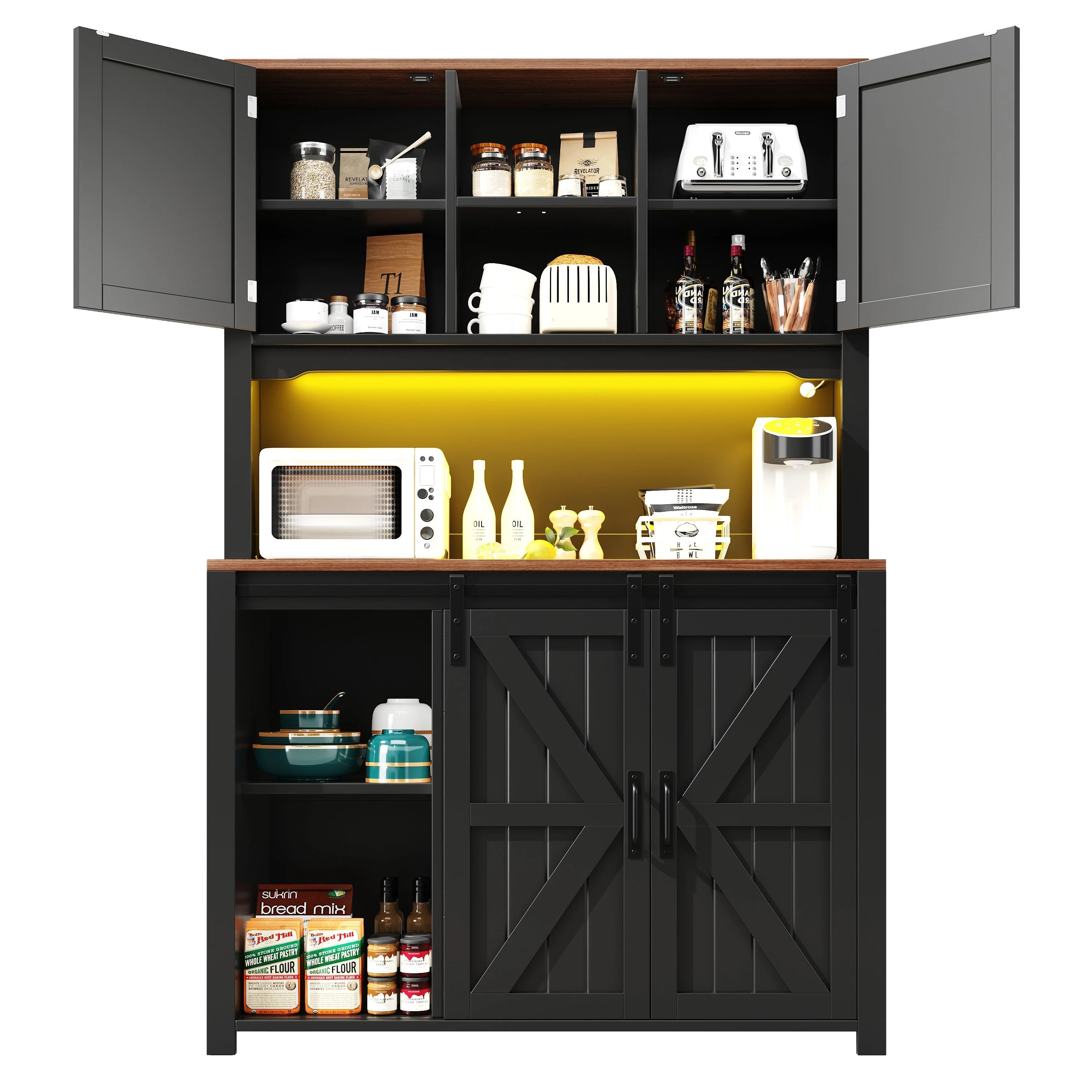 Tall Kitchen Sideboard 115x40x175cm Sliding Doors LED - Black/White - Image 9
