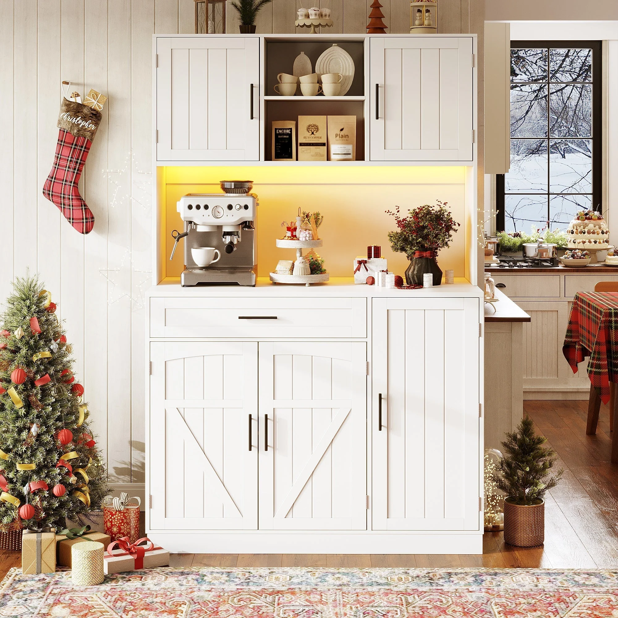 Tall Kitchen Sideboard with LED Strip and Built-in Socket, White - Image 3