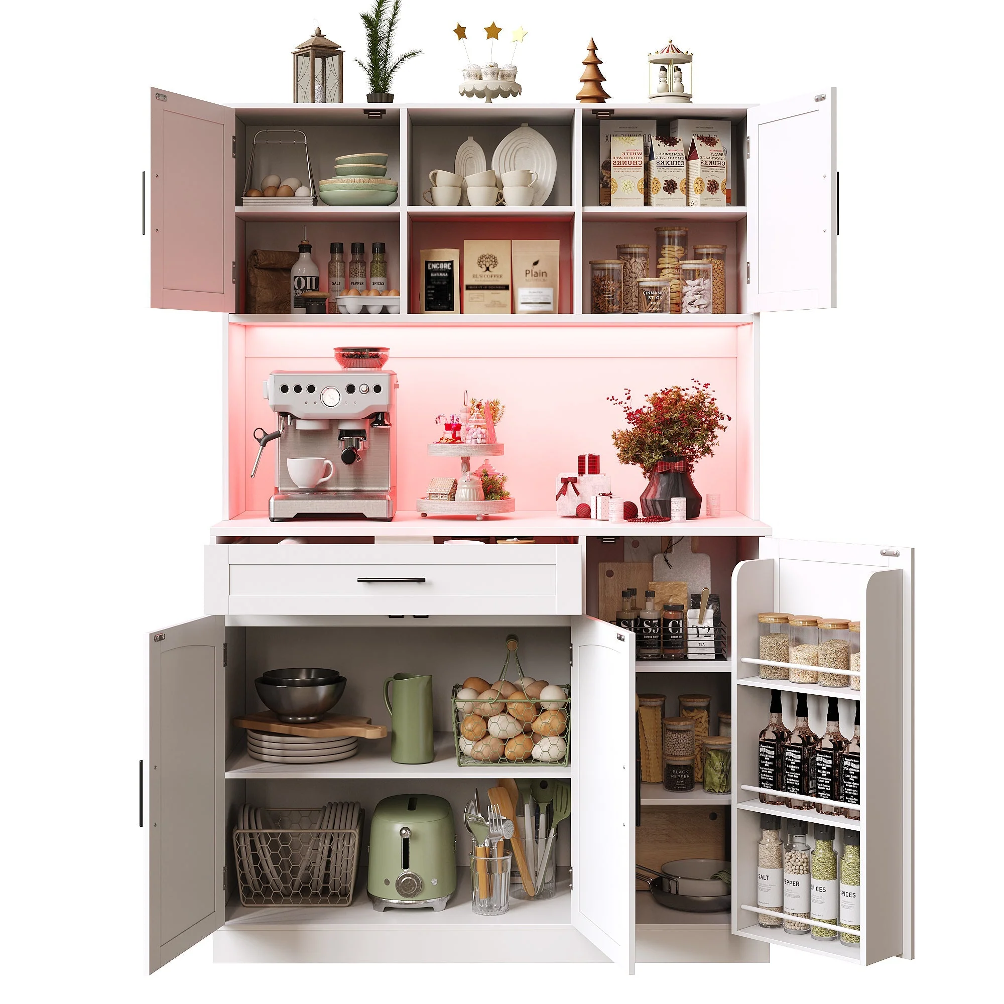 Tall Kitchen Sideboard with LED Strip and Built-in Socket, White - Image 9