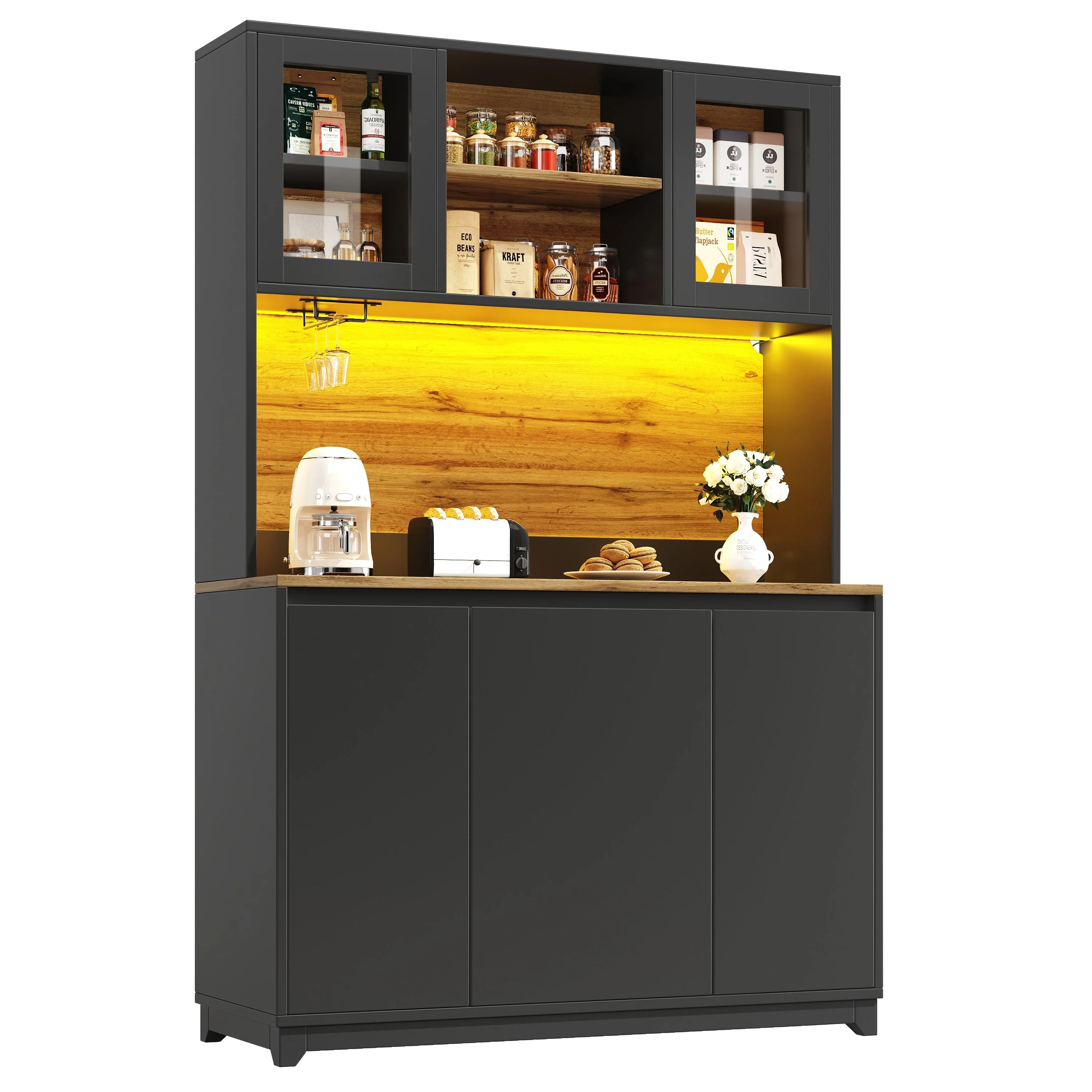 Tall Kitchen Sideboards with LED Lighting and Acrylic Doors, Black - Image 9