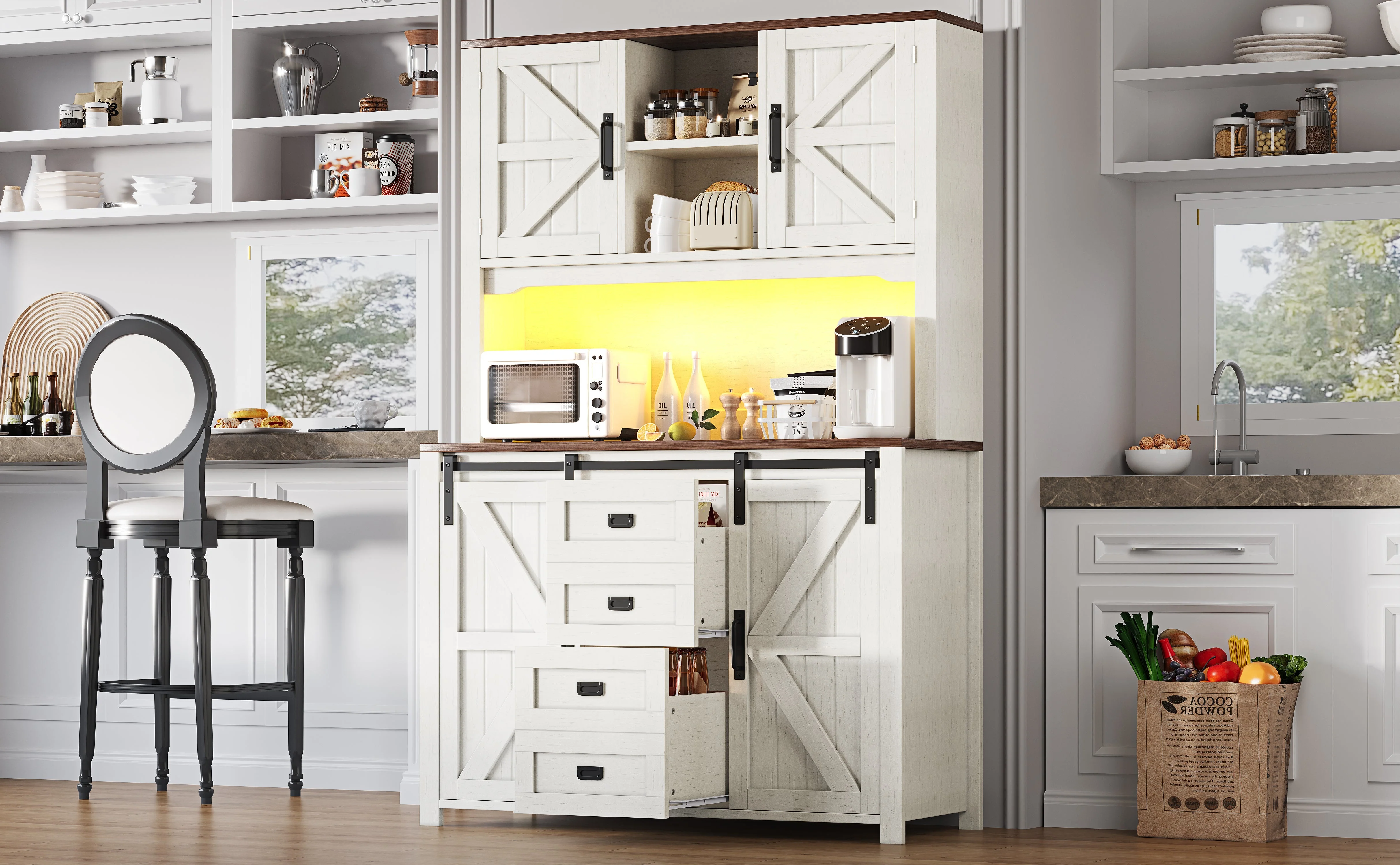 Tall Kitchen Sideboards with Sliding Doors and LED Lighting, Black and White - Image 5
