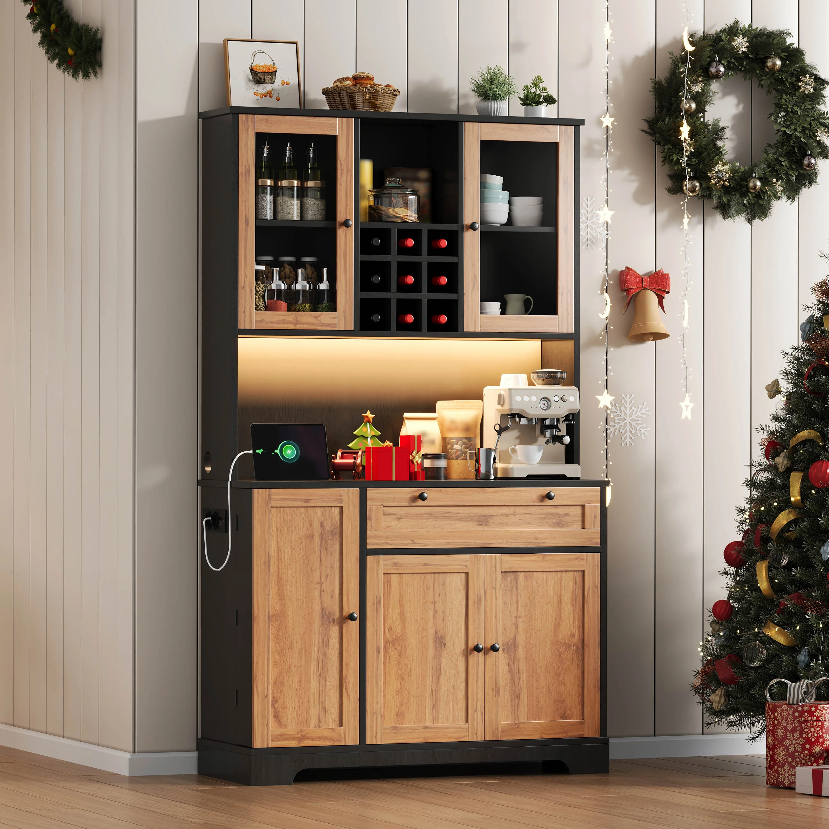 Tall Kitchen Storage Cabinet with LED Lighting and Power Outlet, White and Wood Look - Image 10
