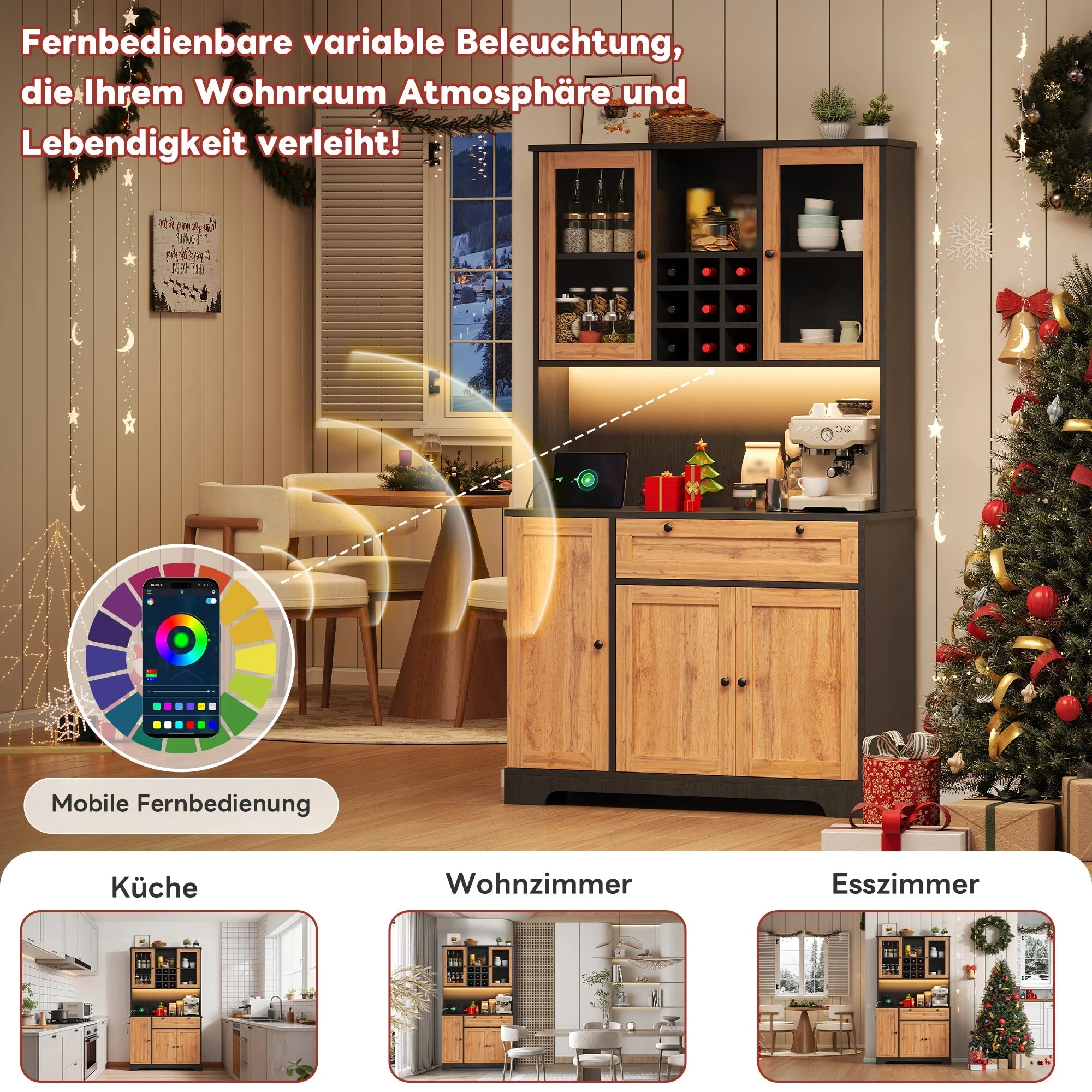 Tall Kitchen Storage Cabinet with LED Lighting and Power Outlet, White and Wood Look - Image 3