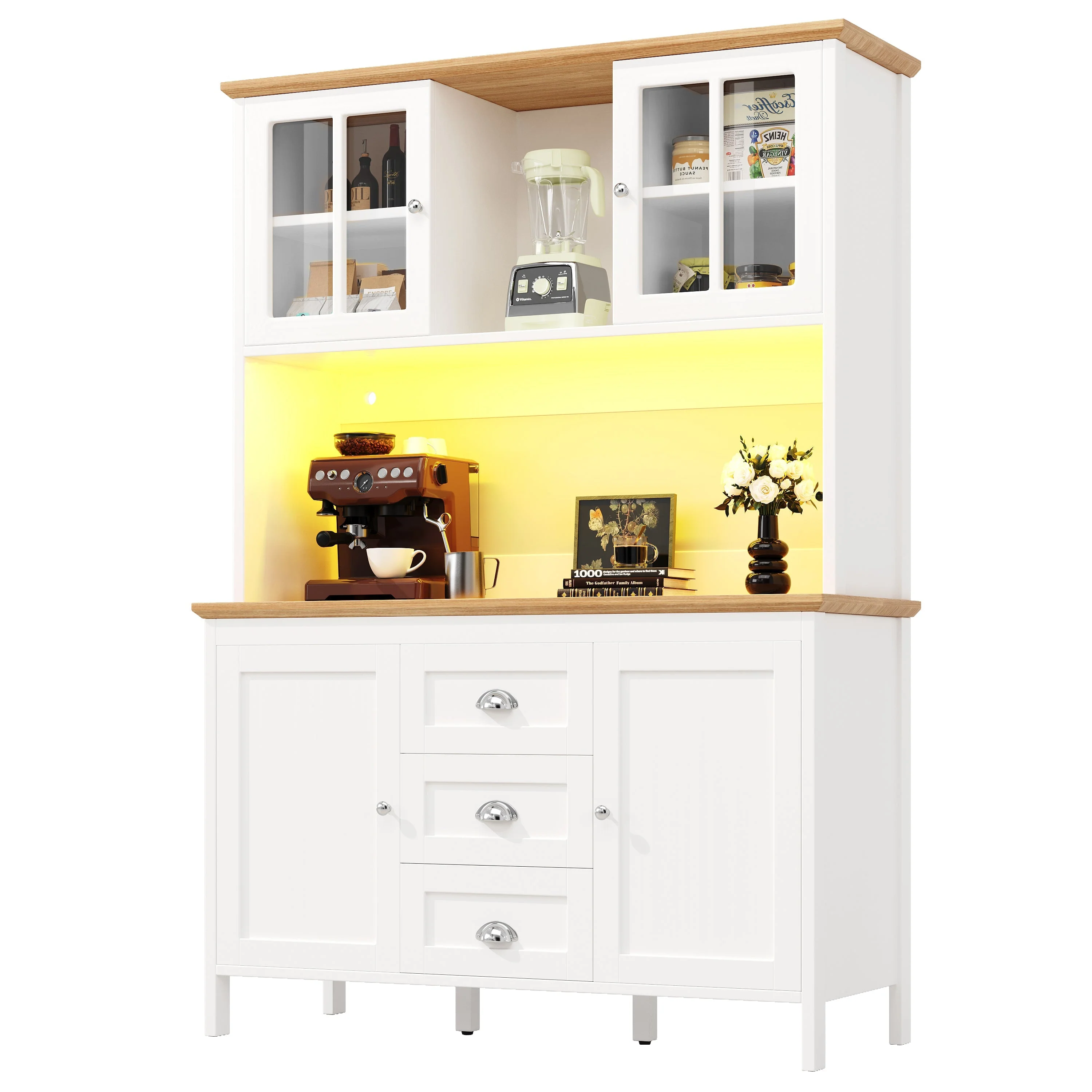 Tall Sideboard Cabinet with LED Lighting and 3 Drawers, White and Black - Image 9