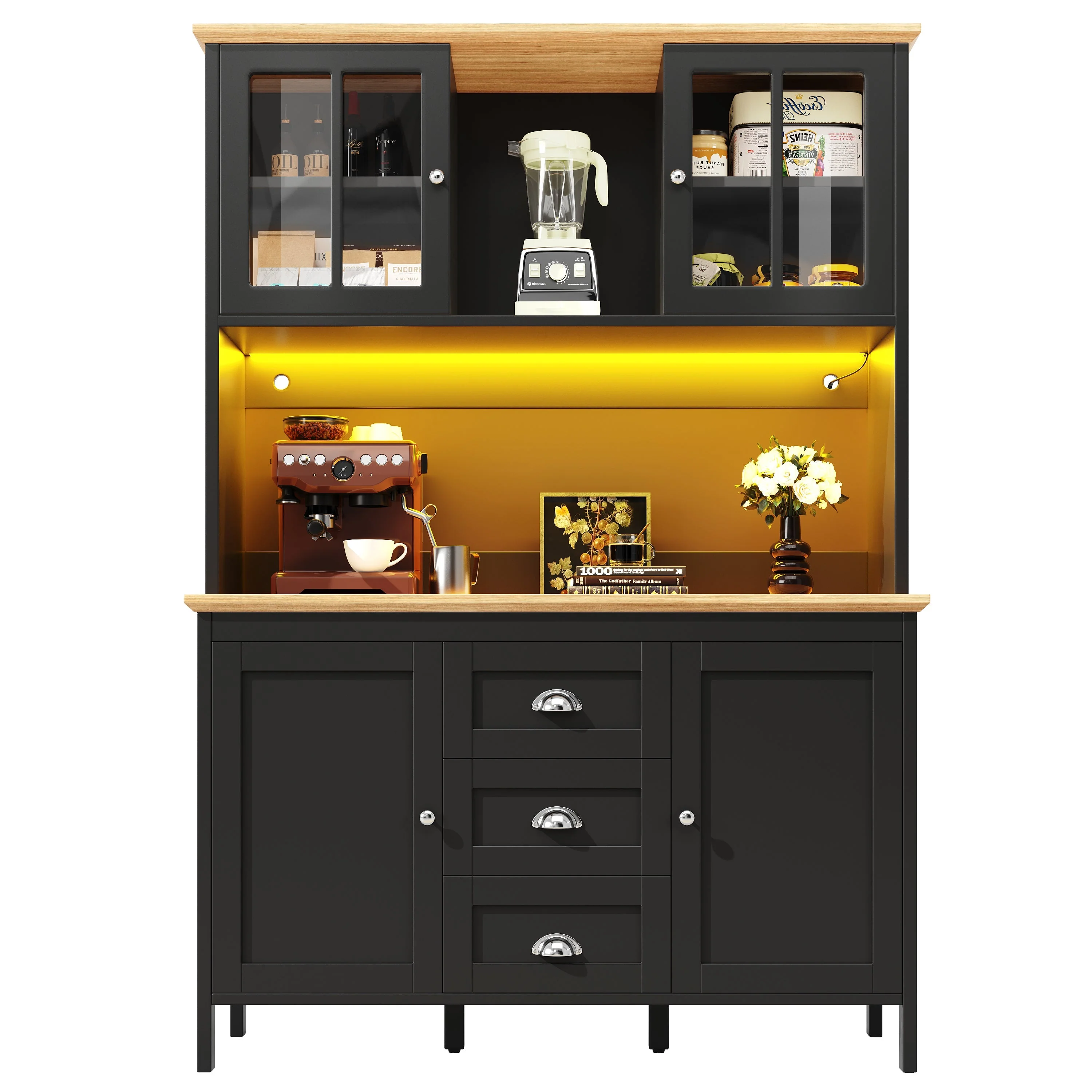 Tall Sideboard with LED Lighting, 4 Doors and 3 Drawers, White and Black - Image 2
