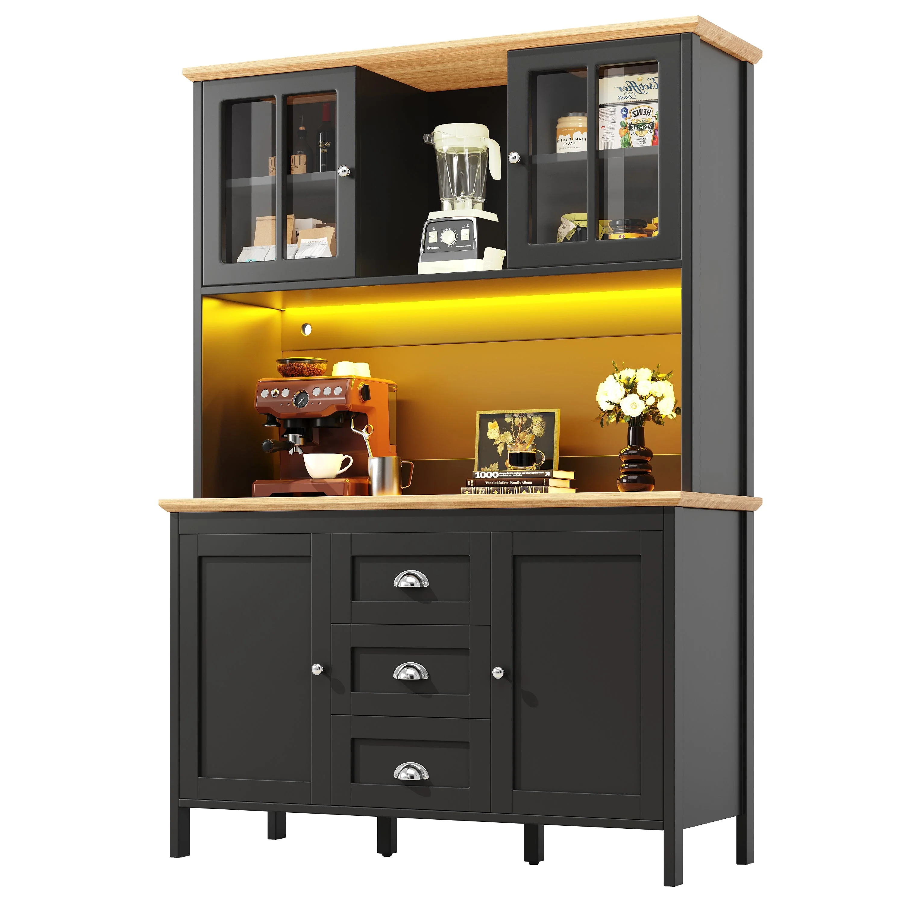 Tall Sideboard with LED Lighting, 4 Doors and 3 Drawers, White and Black - Image 3
