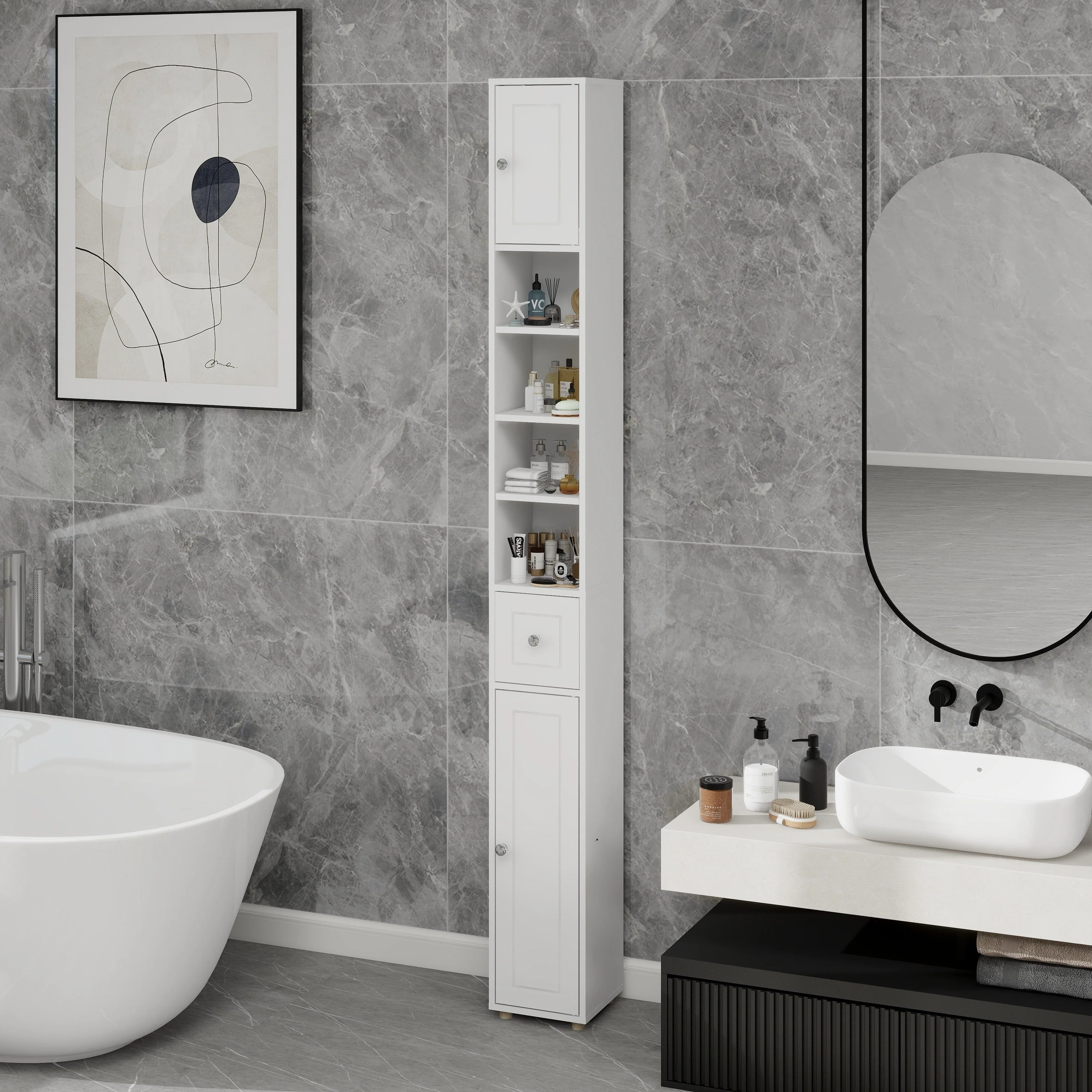 Tall Slim Bathroom Storage Cabinet, 71" Freestanding with 1 Drawer, 2 Doors, 4 Shelves-White - Image 3