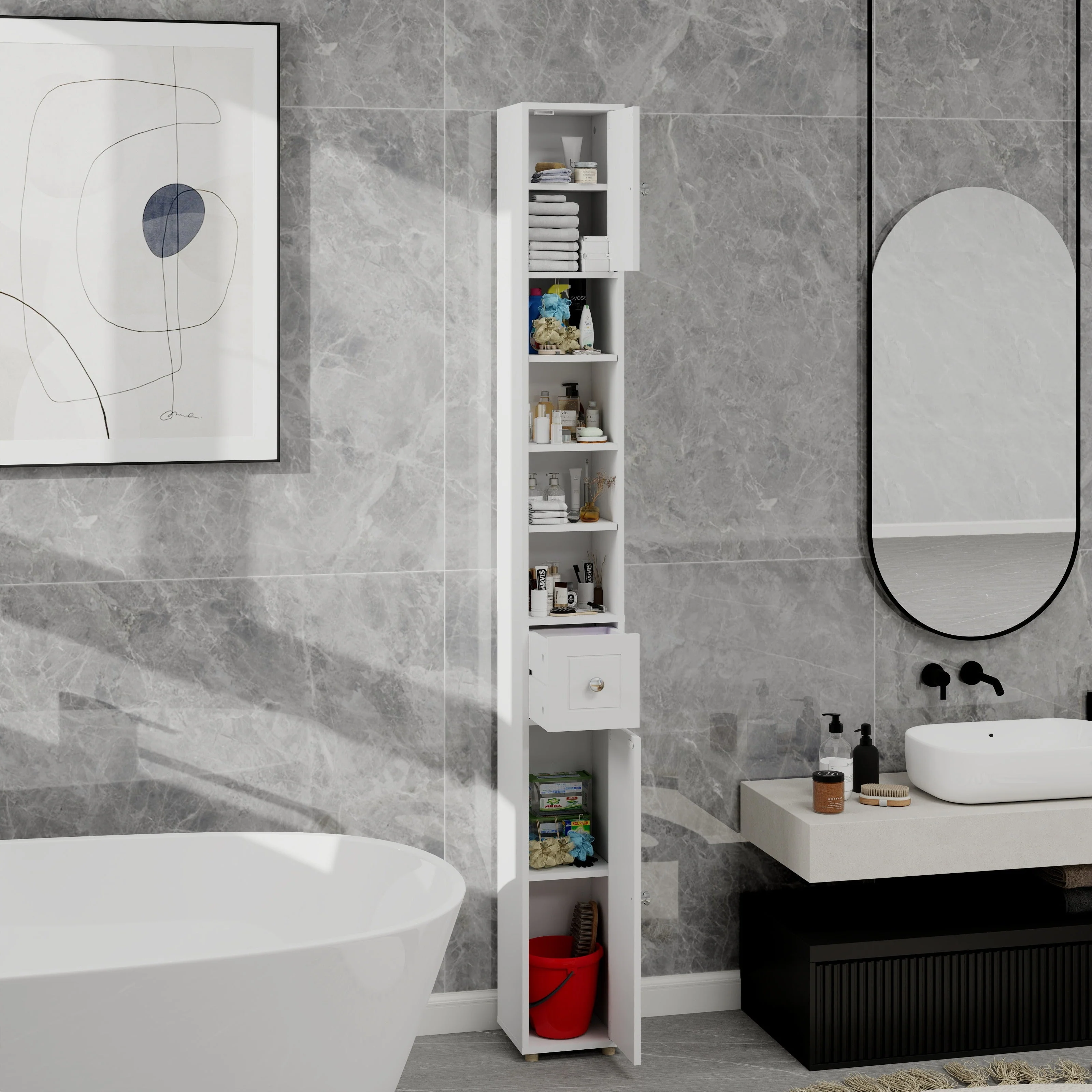 Tall Slim Bathroom Storage Cabinet, 71" Freestanding with 1 Drawer, 2 Doors, 4 Shelves-White - Image 6