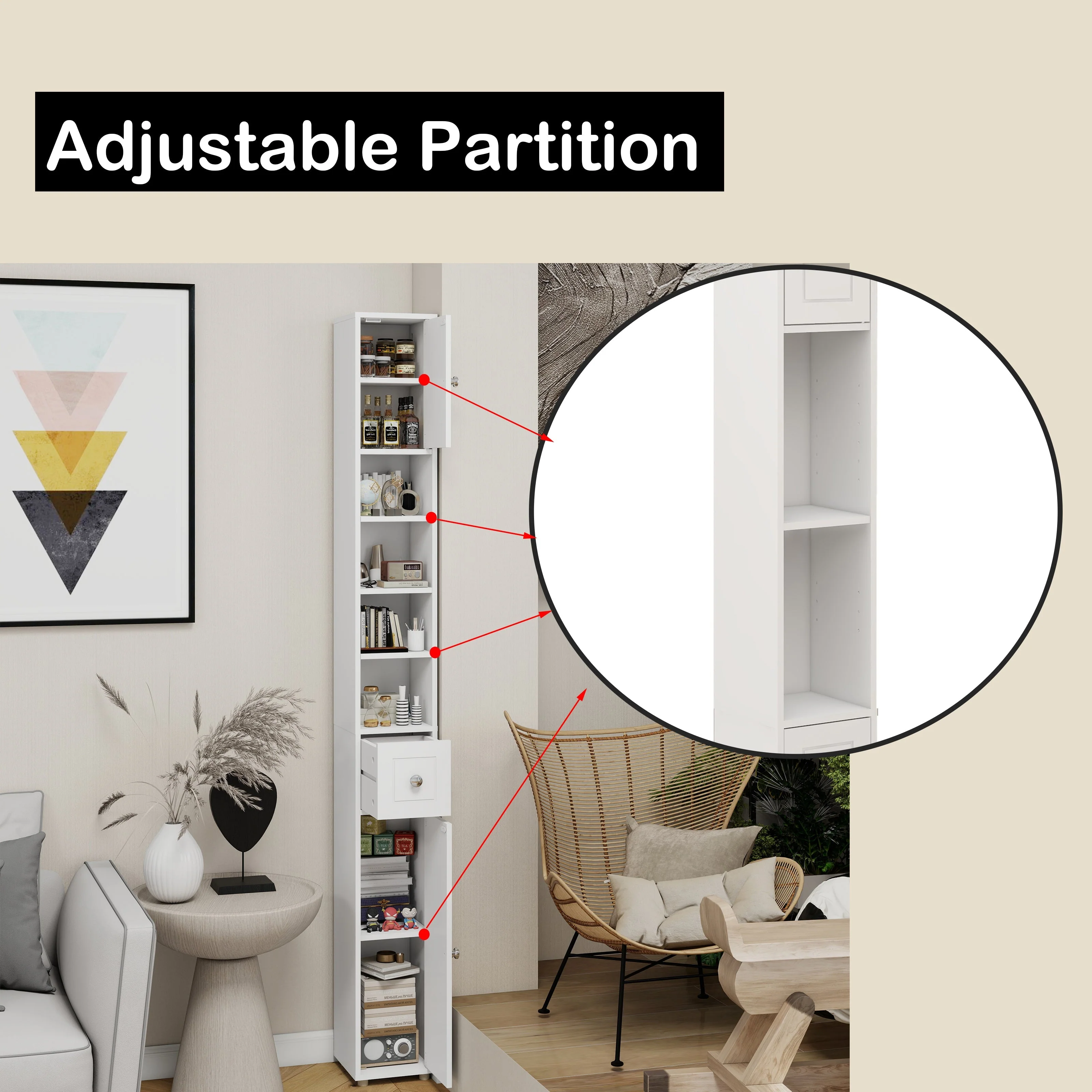 Tall Slim Bathroom Storage Cabinet, 71" Freestanding with 1 Drawer, 2 Doors, 4 Shelves-White - Image 8