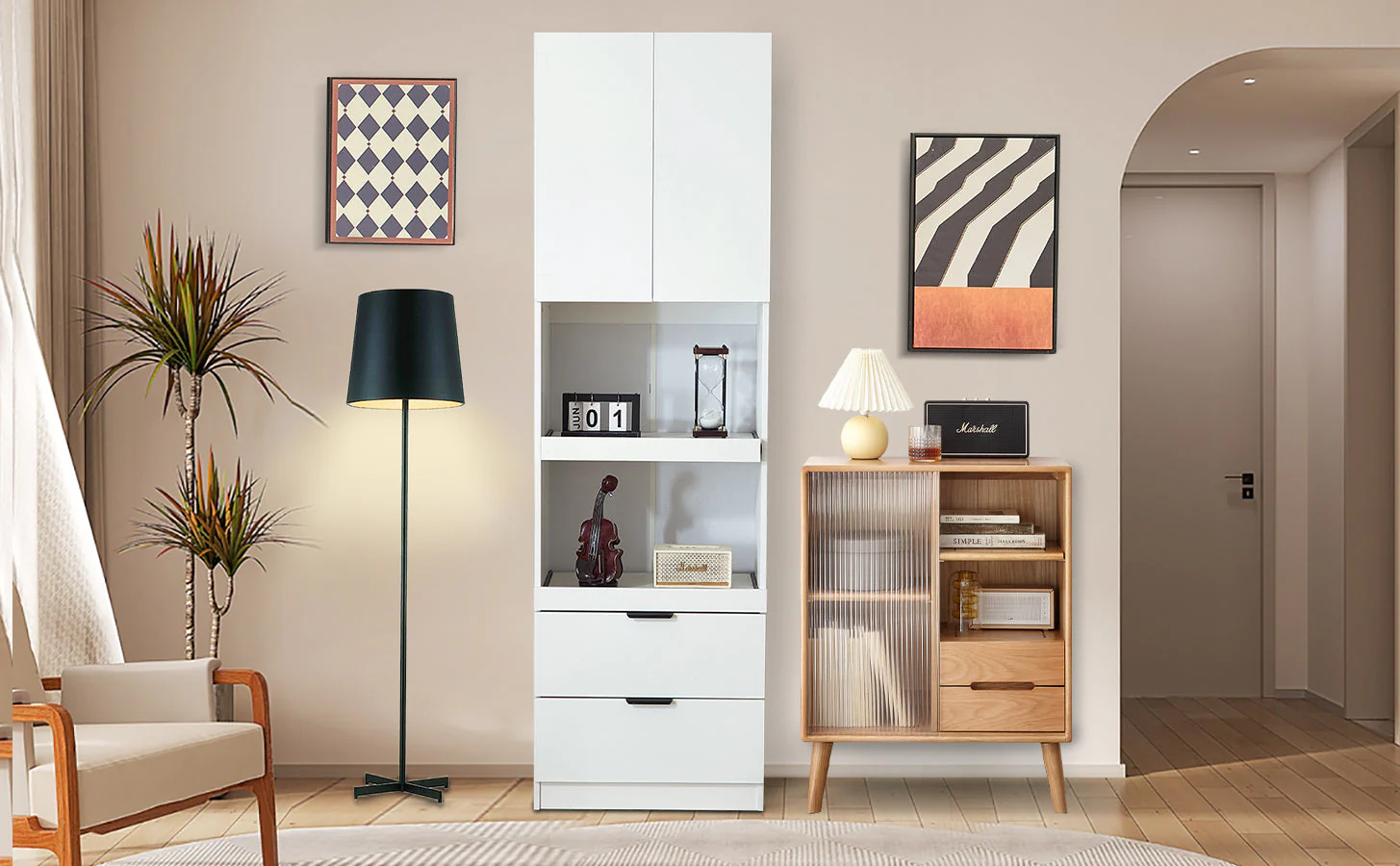 Tall Storage Cabinet 200cm High Doors Drawers Microwave Shelf - White - Image 2