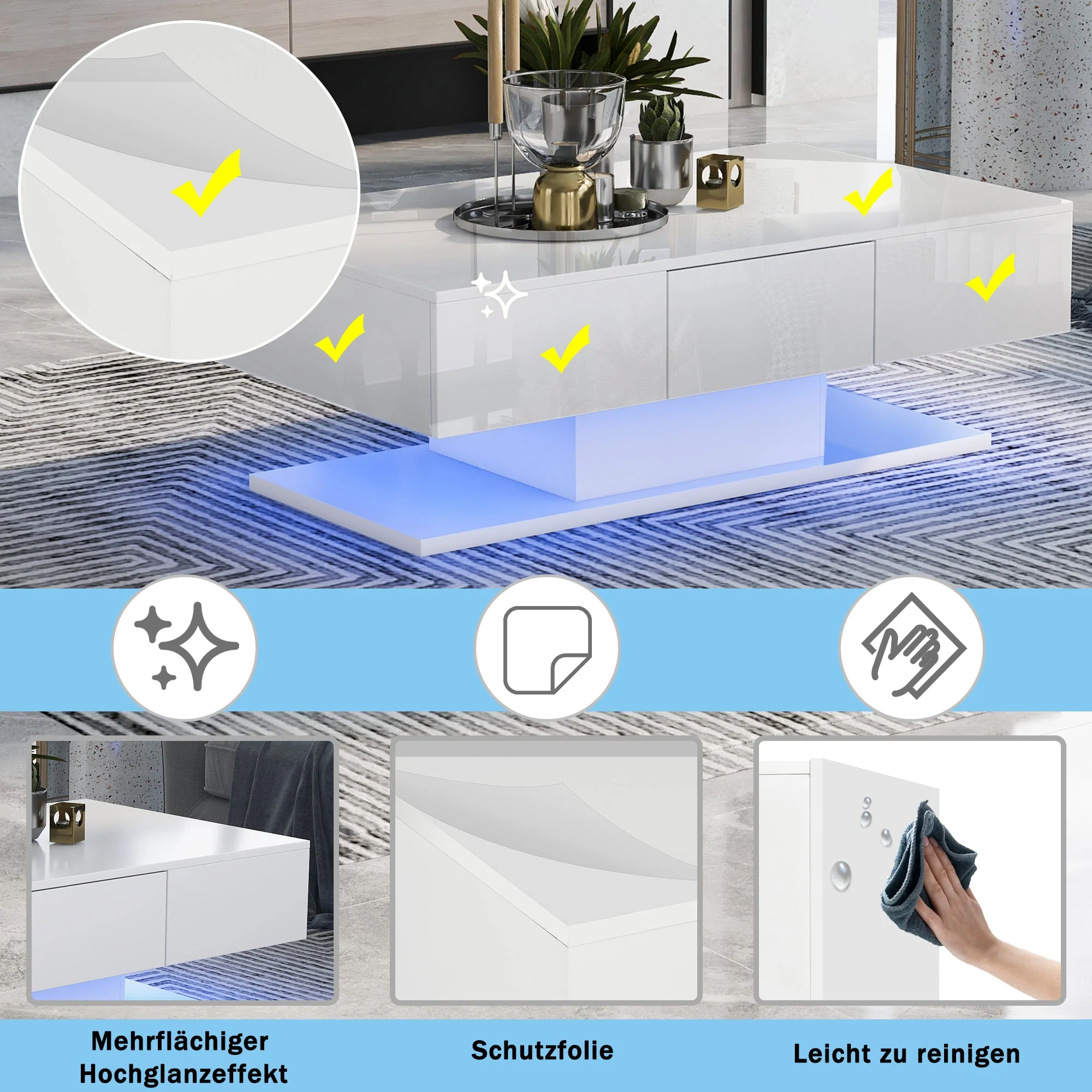 Tea Table, High Gloss Sofa Desk with 2 Drawers, 100cm White - Image 6