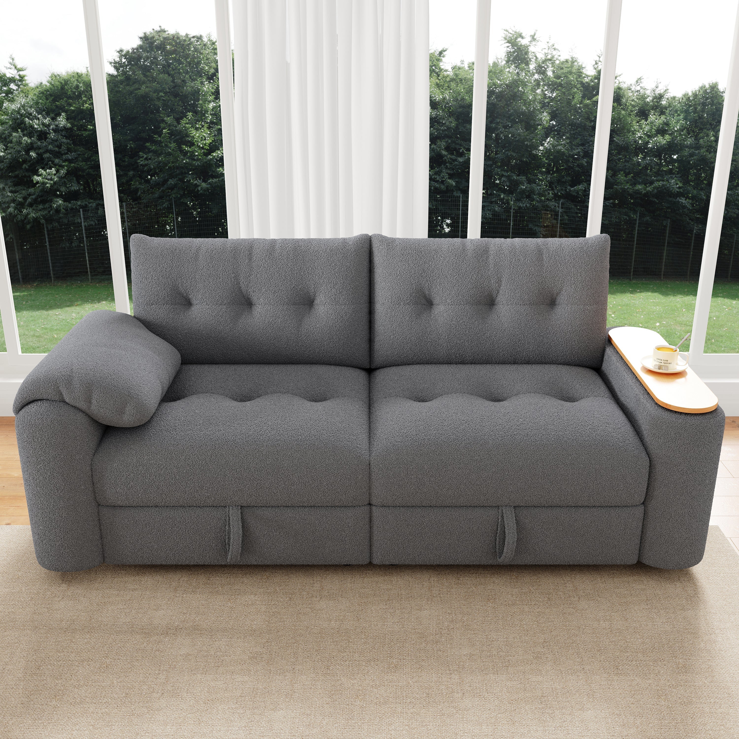 Teddy Plush Sofa, 3-Seater Modular Sofa Bed with Storage and Side Table, Gray - Image 3