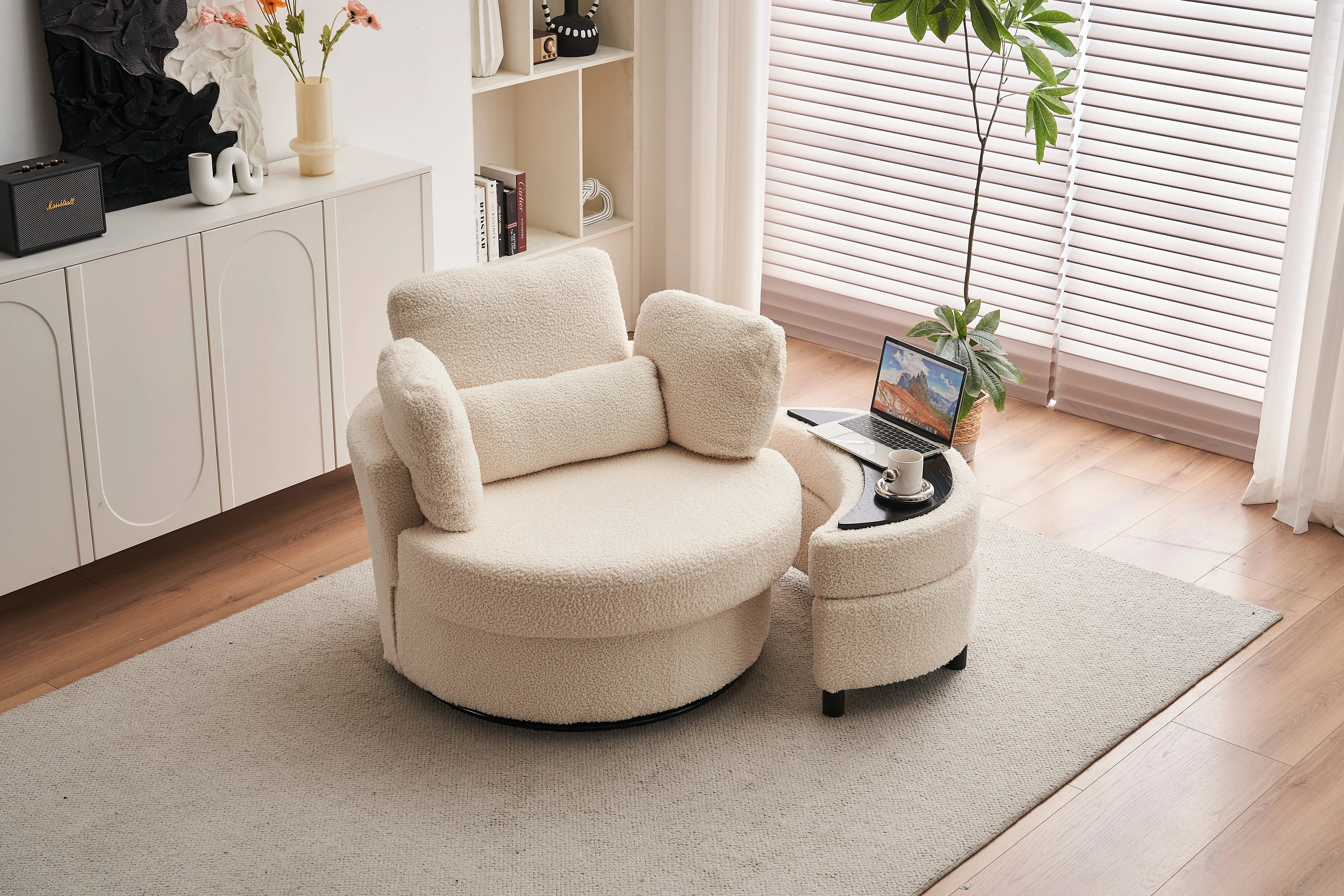 Teddy swivel armchair with 3 back cushion pillow ottoman crescent stool, White - Image 7