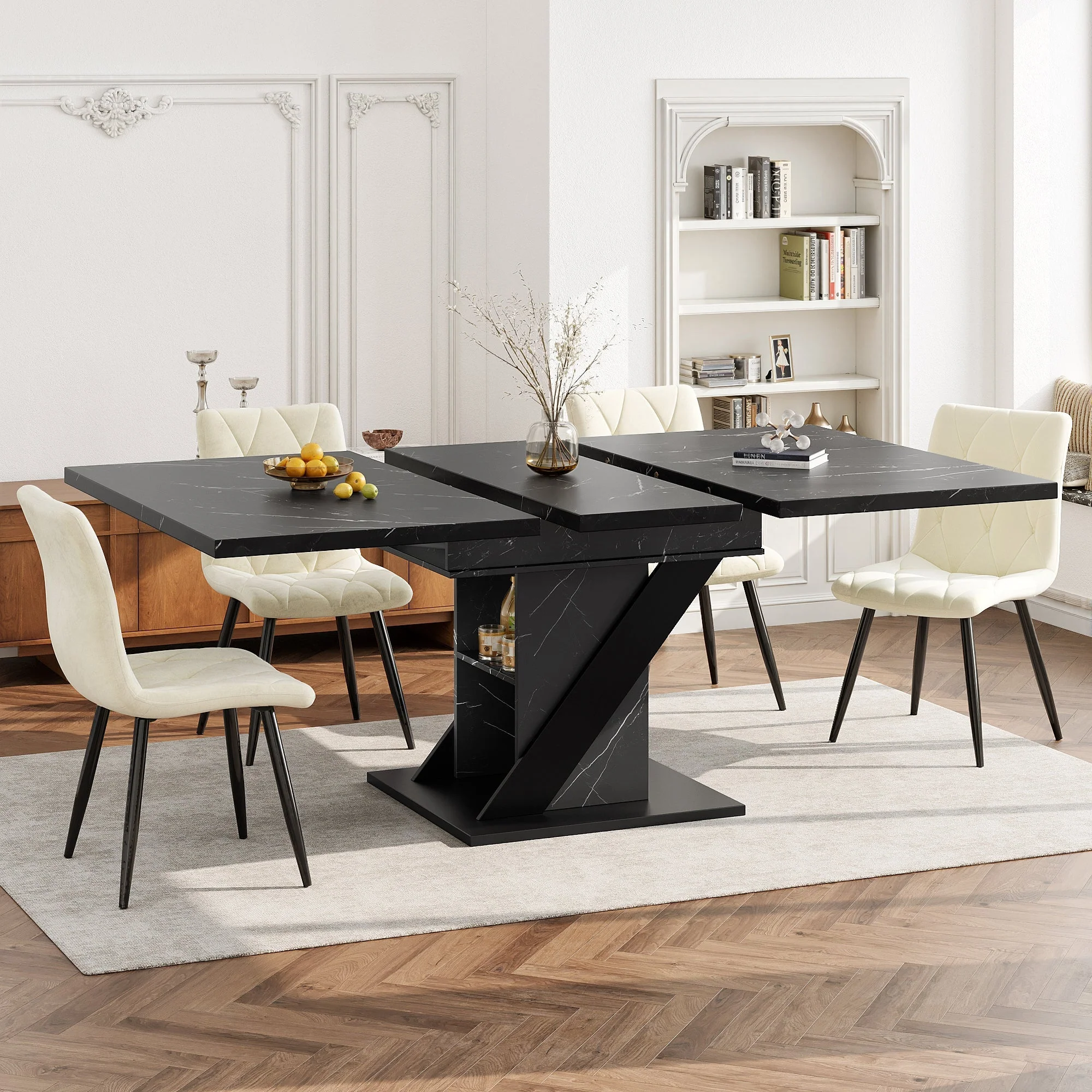 Telescopic Dining Table 110-140x80cm Extendable - Black Marble Look - Image 10
