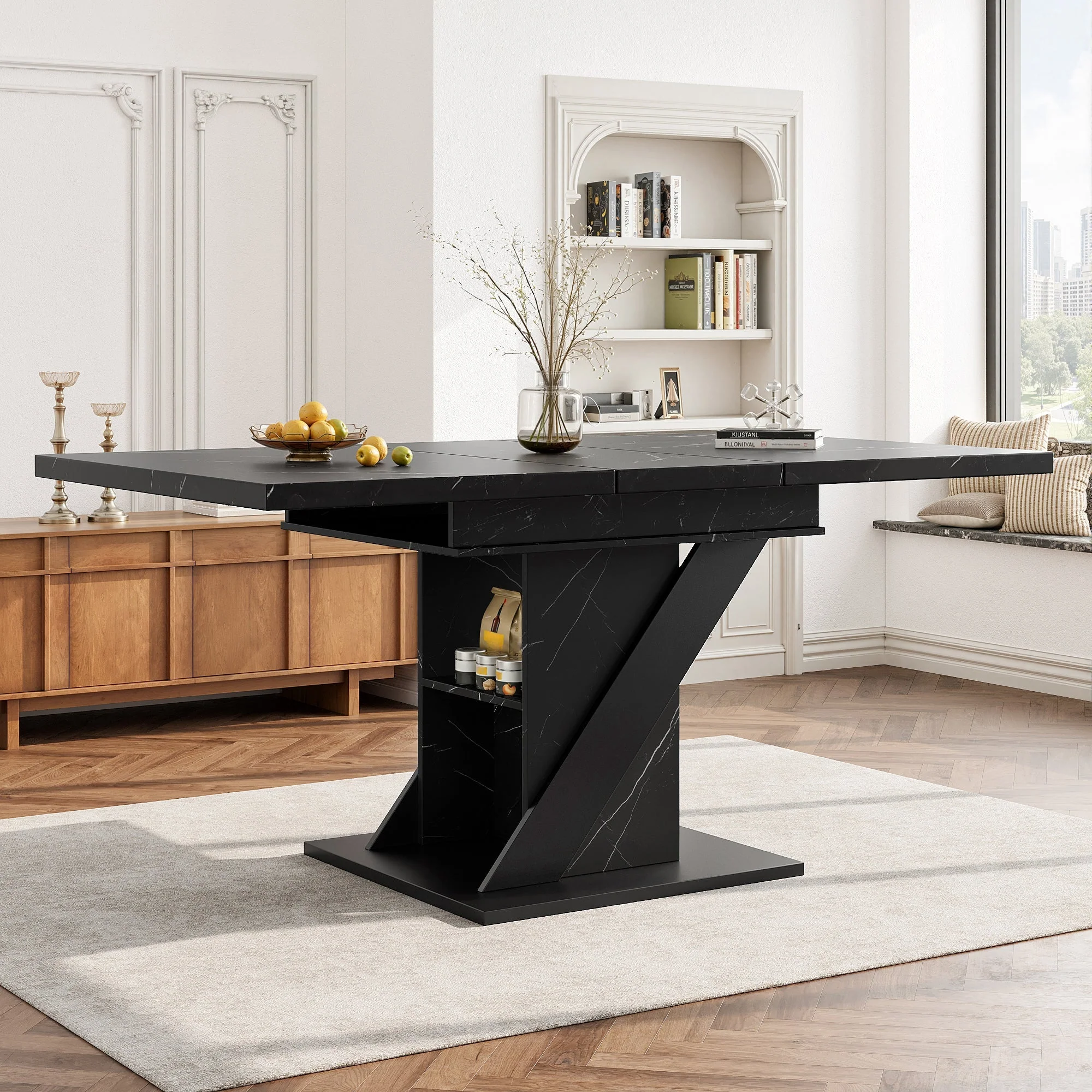 Telescopic Dining Table 110-140x80cm Extendable - Black Marble Look - Image 4