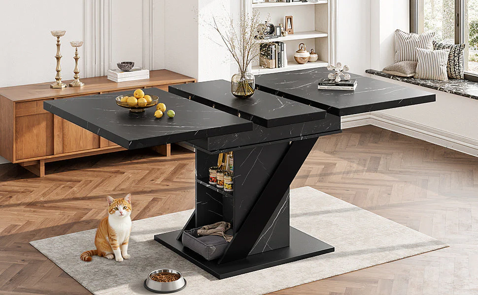 Telescopic Dining Table 110-140x80cm Extendable - Black Marble Look - Image 5
