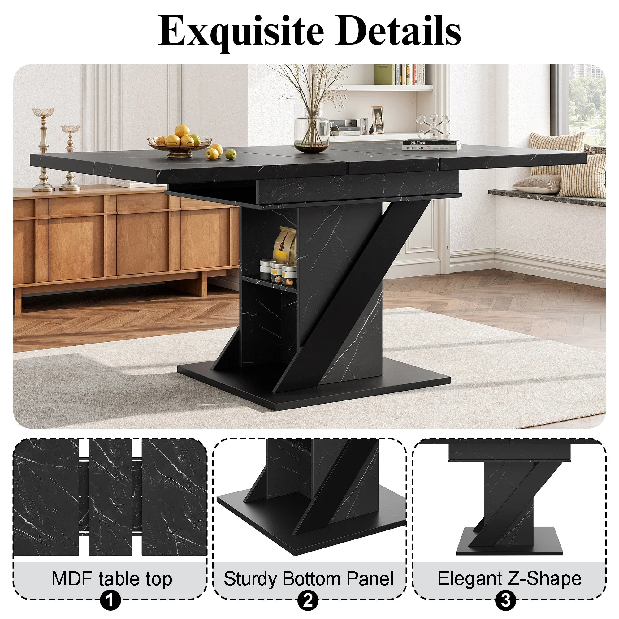 Telescopic Dining Table 110-140x80cm Extendable - Black Marble Look - Image 7