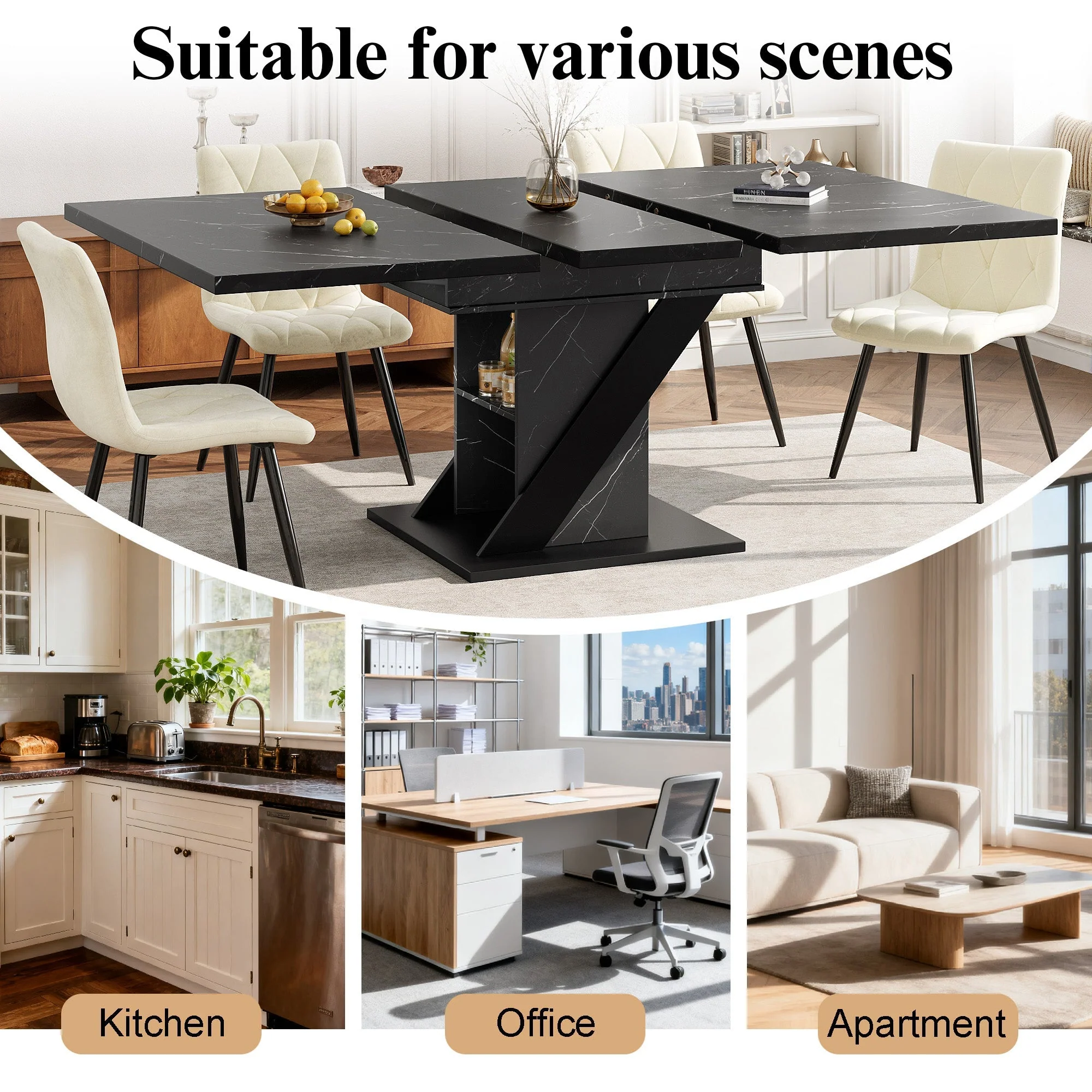 Telescopic Dining Table 110-140x80cm Extendable - Black Marble Look - Image 8