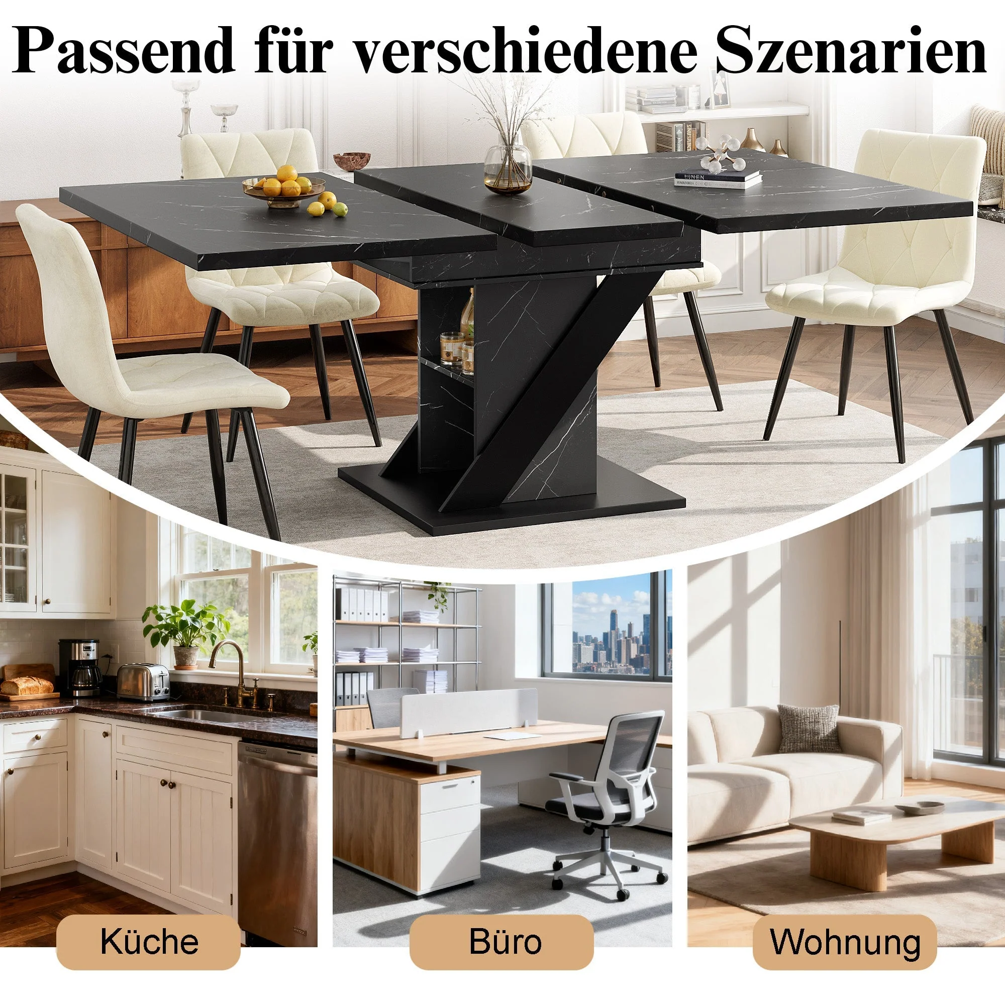 Telescopic Dining Table 110-140x80cm Extendable - Black Marble Look - Image 9