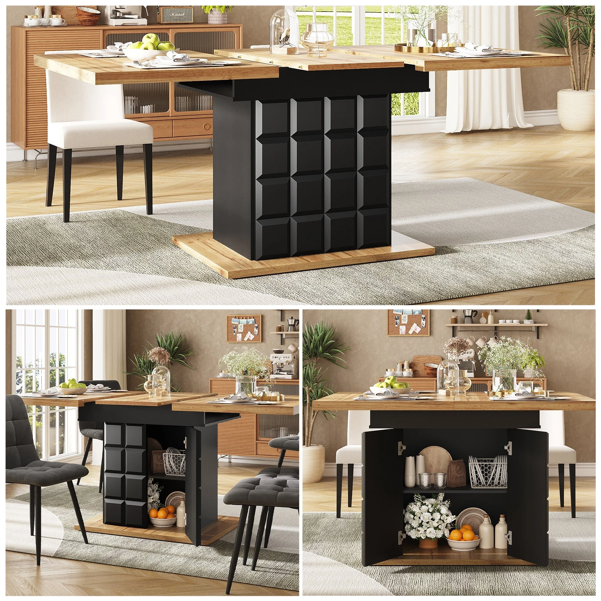 Telescopic Dining Table 110-140x80cm Foldable Extendable Checkered Pattern