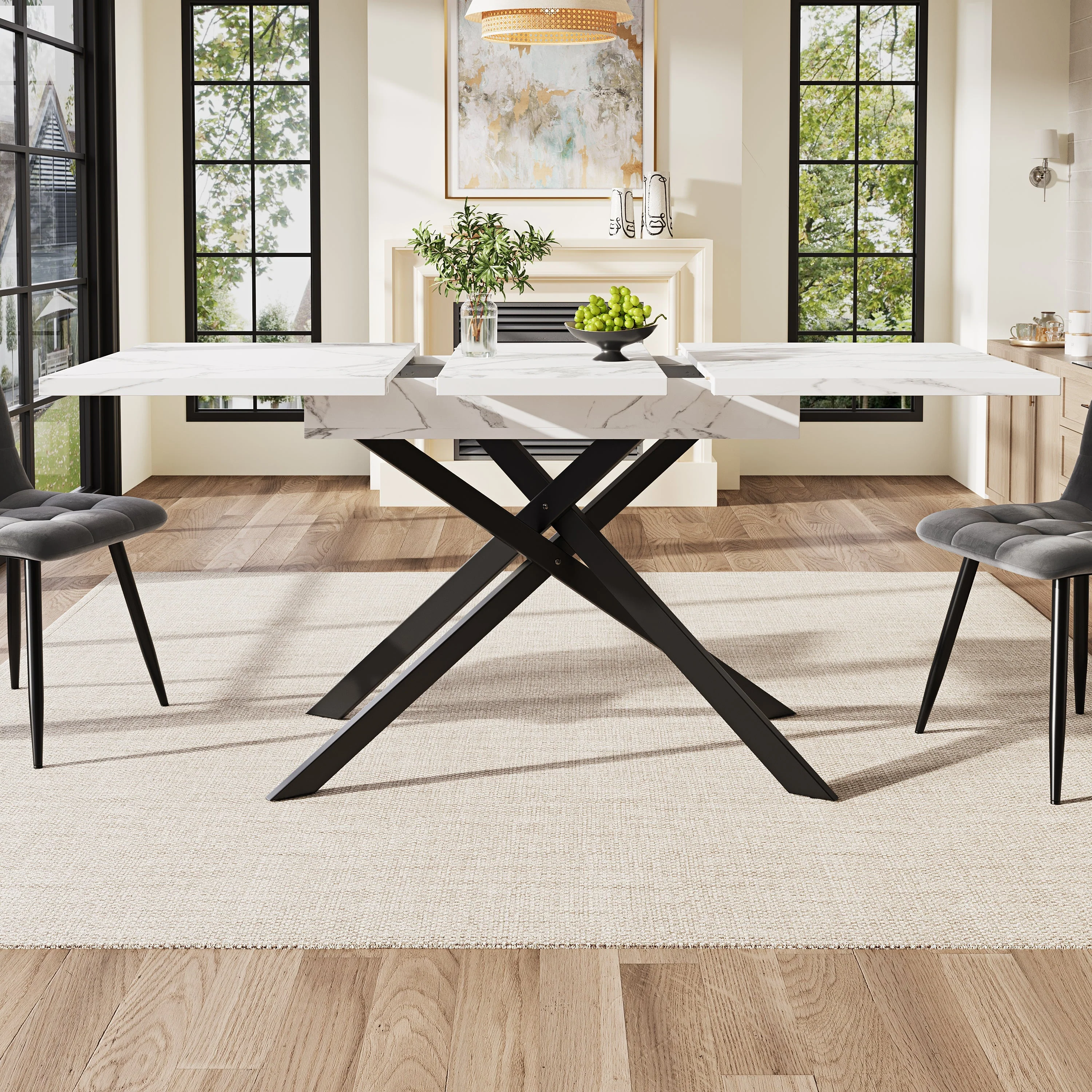 Telescopic Dining Table 120-160cm Extendable Black Crossed Legs - White Marble - Image 2