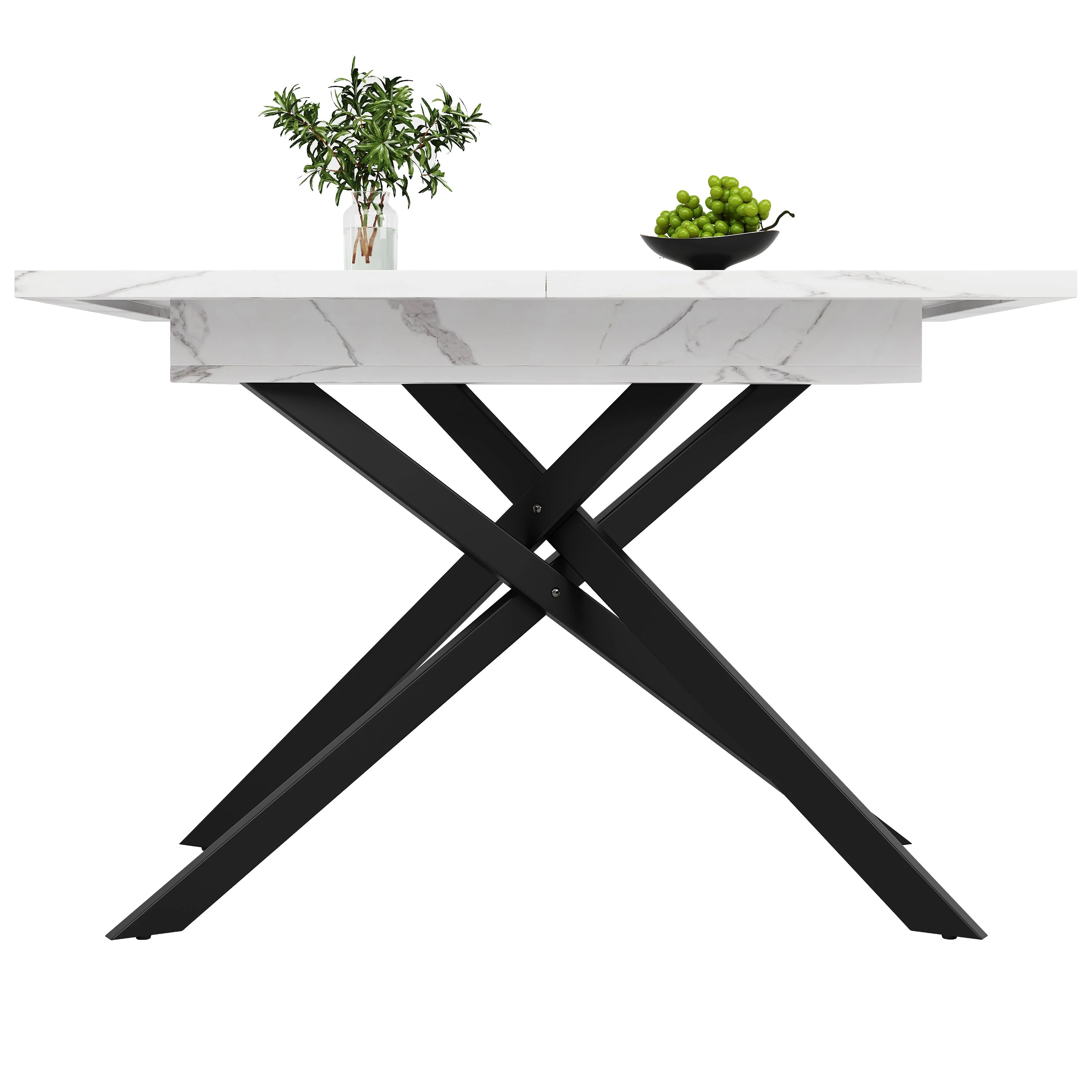 Telescopic Dining Table 120-160cm Extendable Black Crossed Legs - White Marble - Image 7