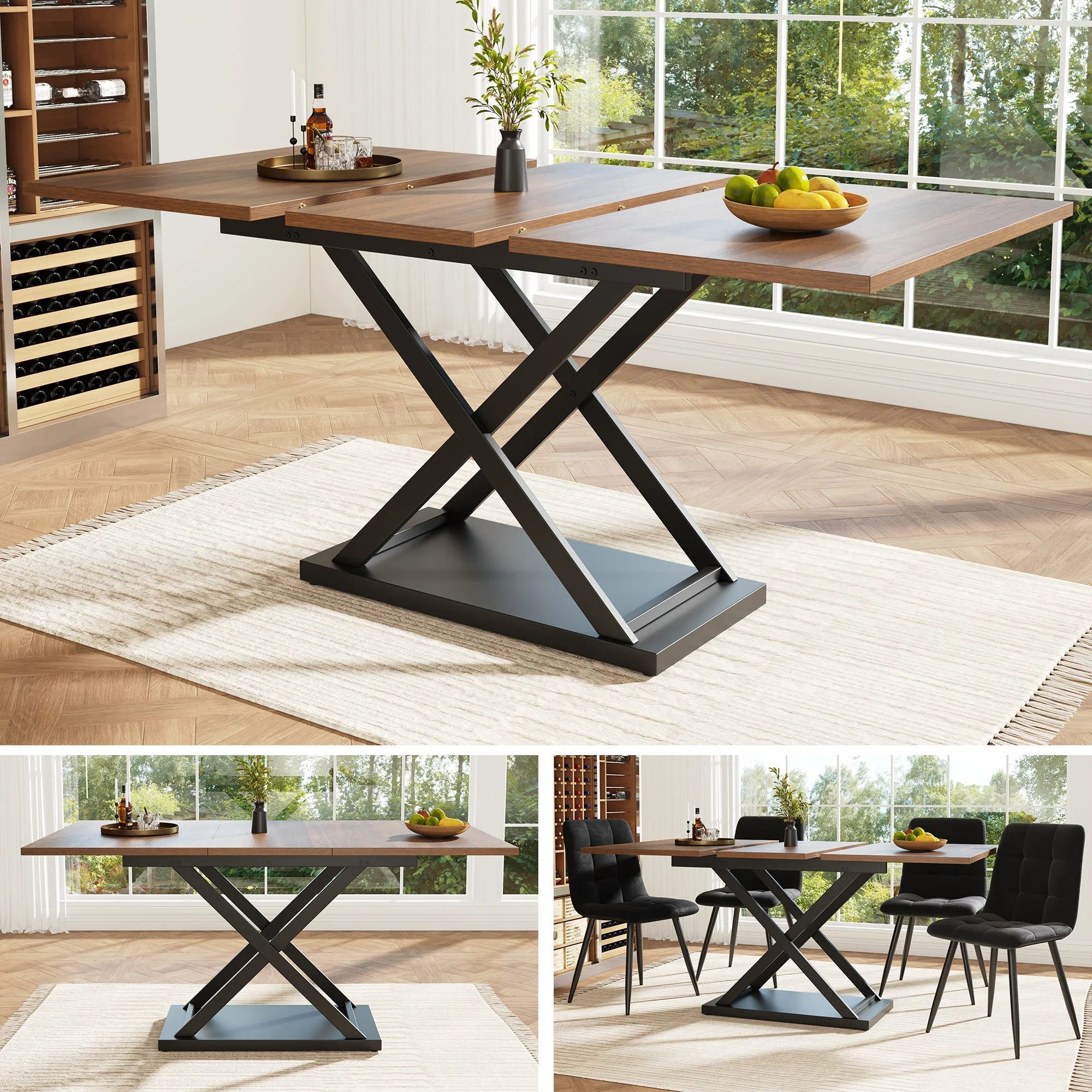 Telescopic Dining Table Extendable 120-160cm Crossed Iron Legs - Walnut