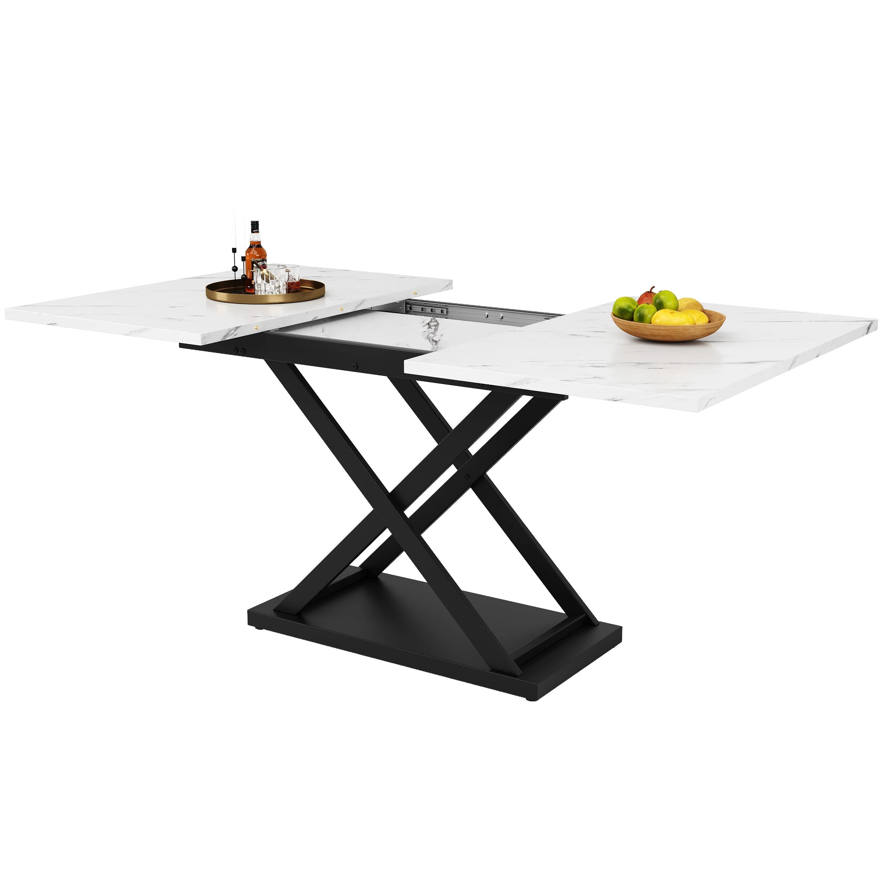 Telescopic Dining Table Extendable 120-160x80cm Crossed Iron Legs - White Marble/Black - Image 7