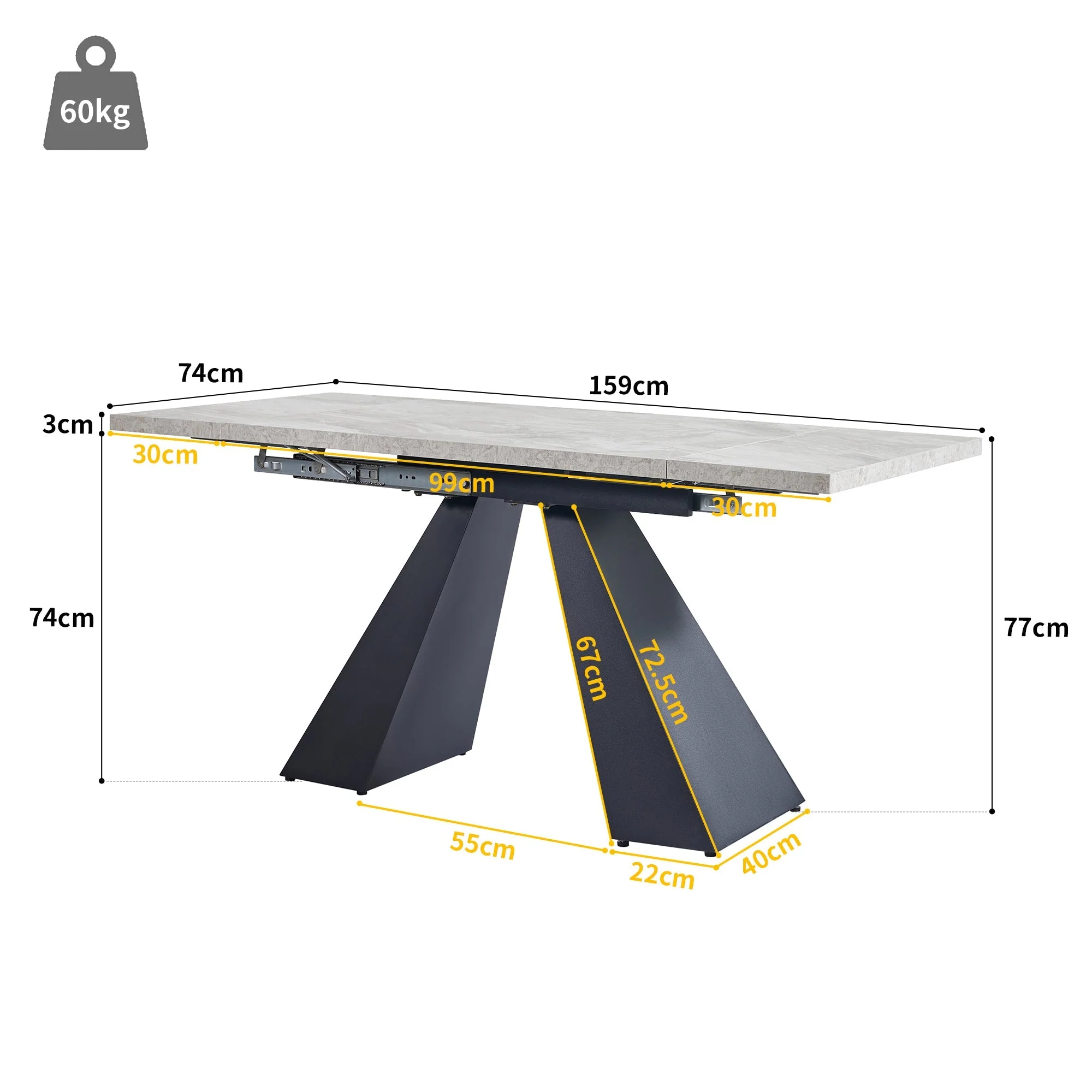 Telescopic Dining Table Extendable 99-159cm Pedestal Legs - Grey - Image 2