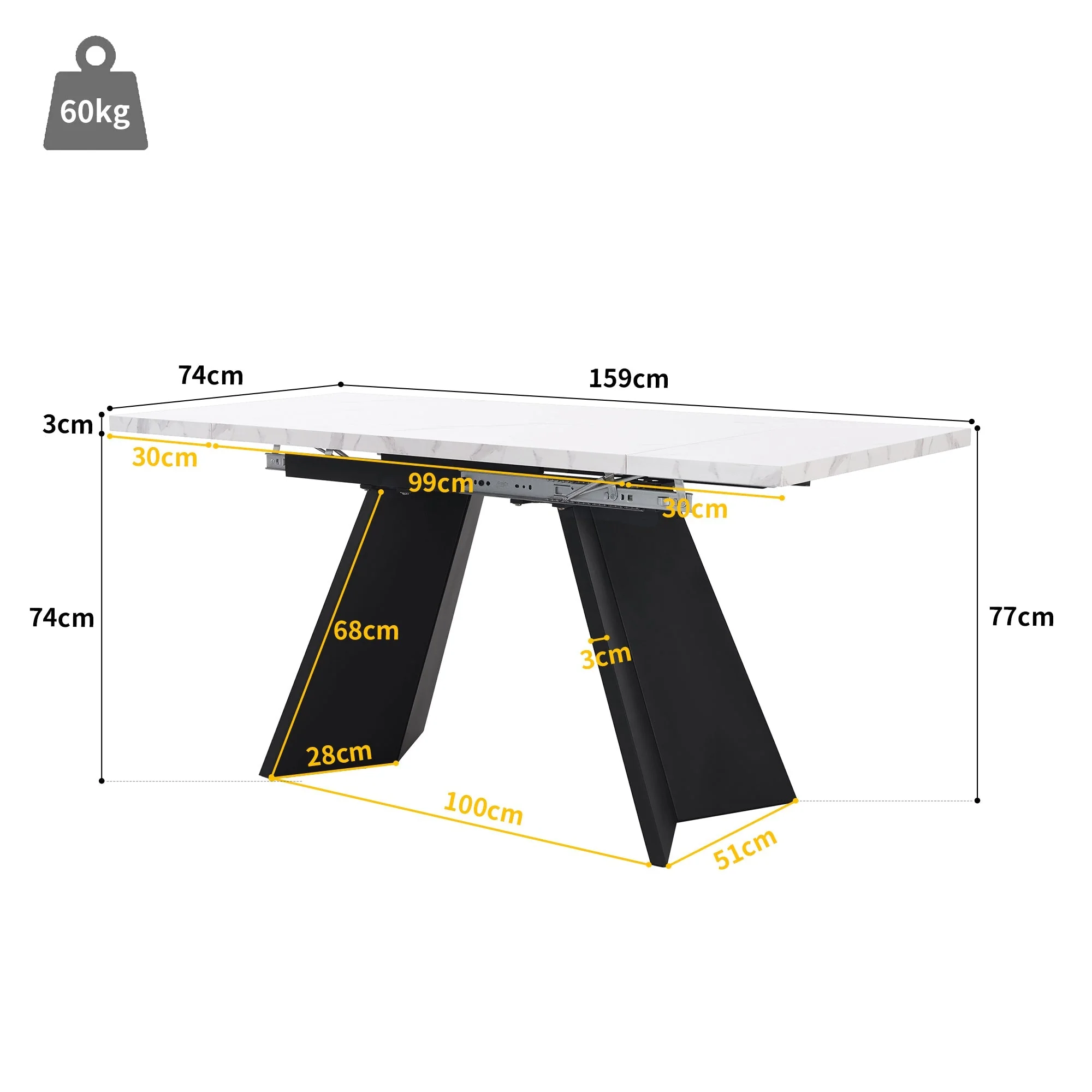 Telescopic Dining Table Extendable 99-159x74cm Flat Legs - White - Image 5