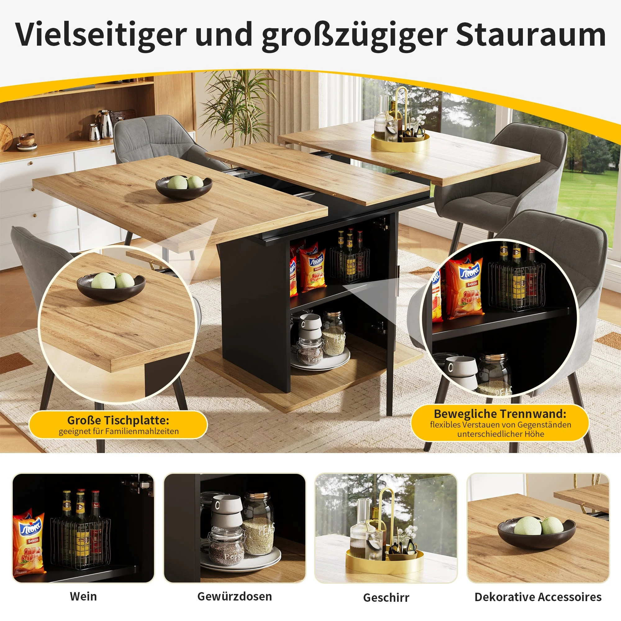 Telescopic Dining Table Extendable Space-Saving Storage Shelf natural + black - Image 9