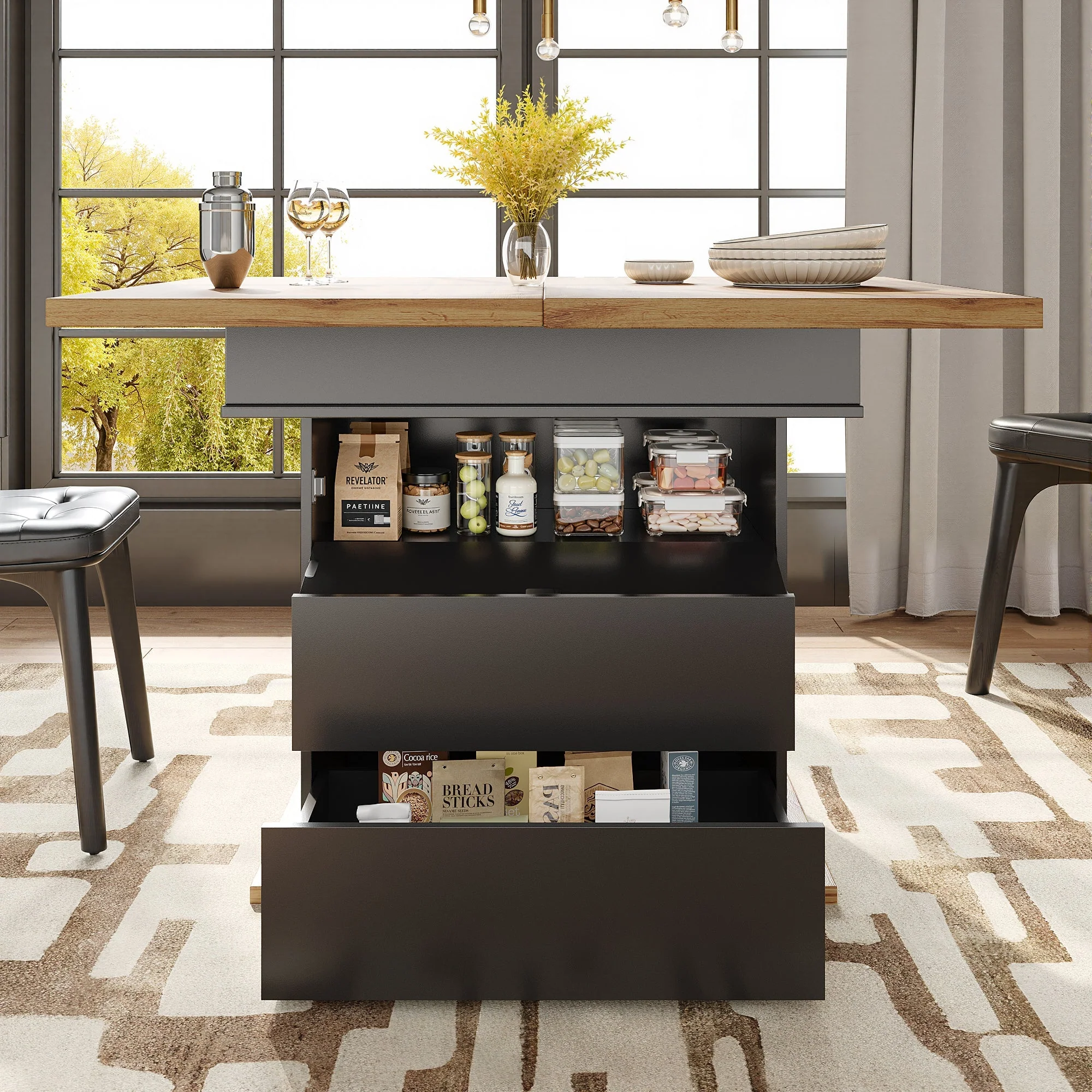 Telescopic Dining Table, Extendable with Storage Shelves for 4-6 People, Black - Image 3