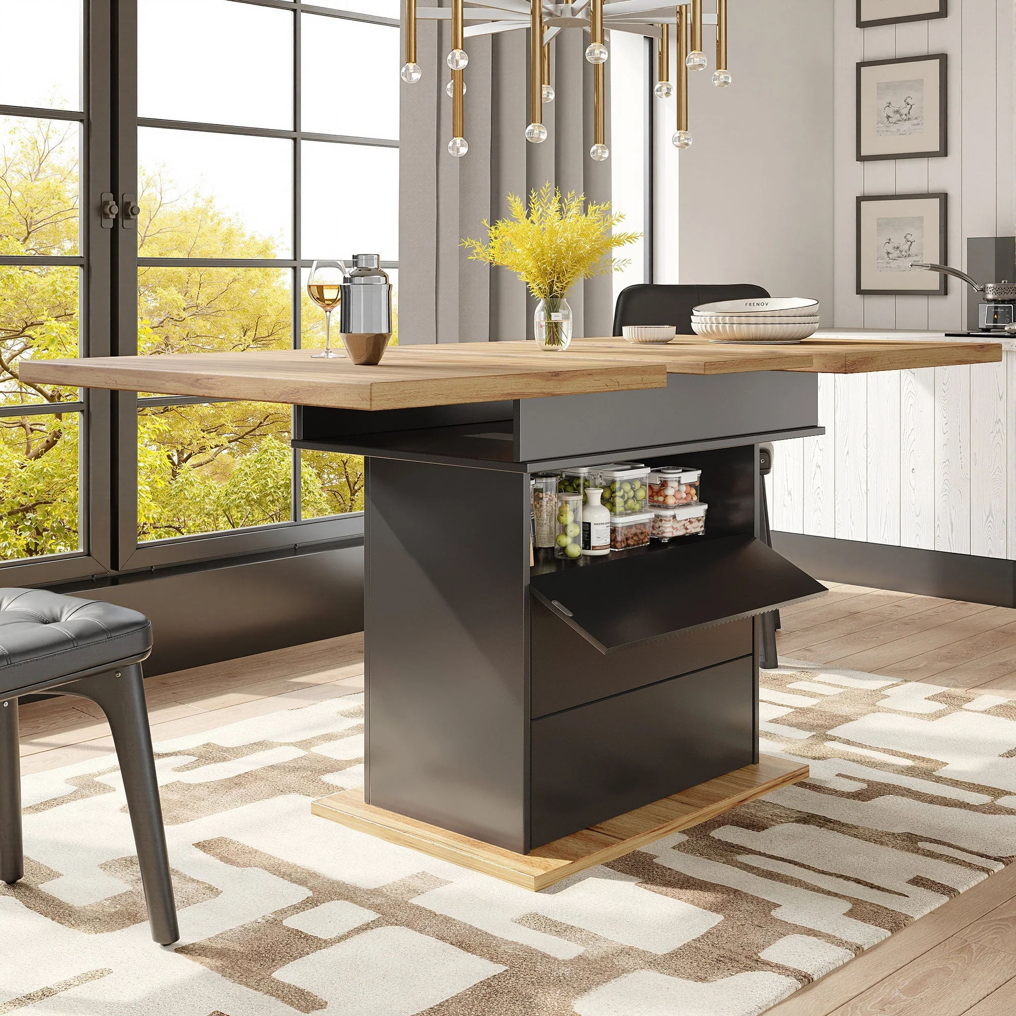 Telescopic Dining Table, Extendable with Storage Shelves for 4-6 People, Black - Image 8